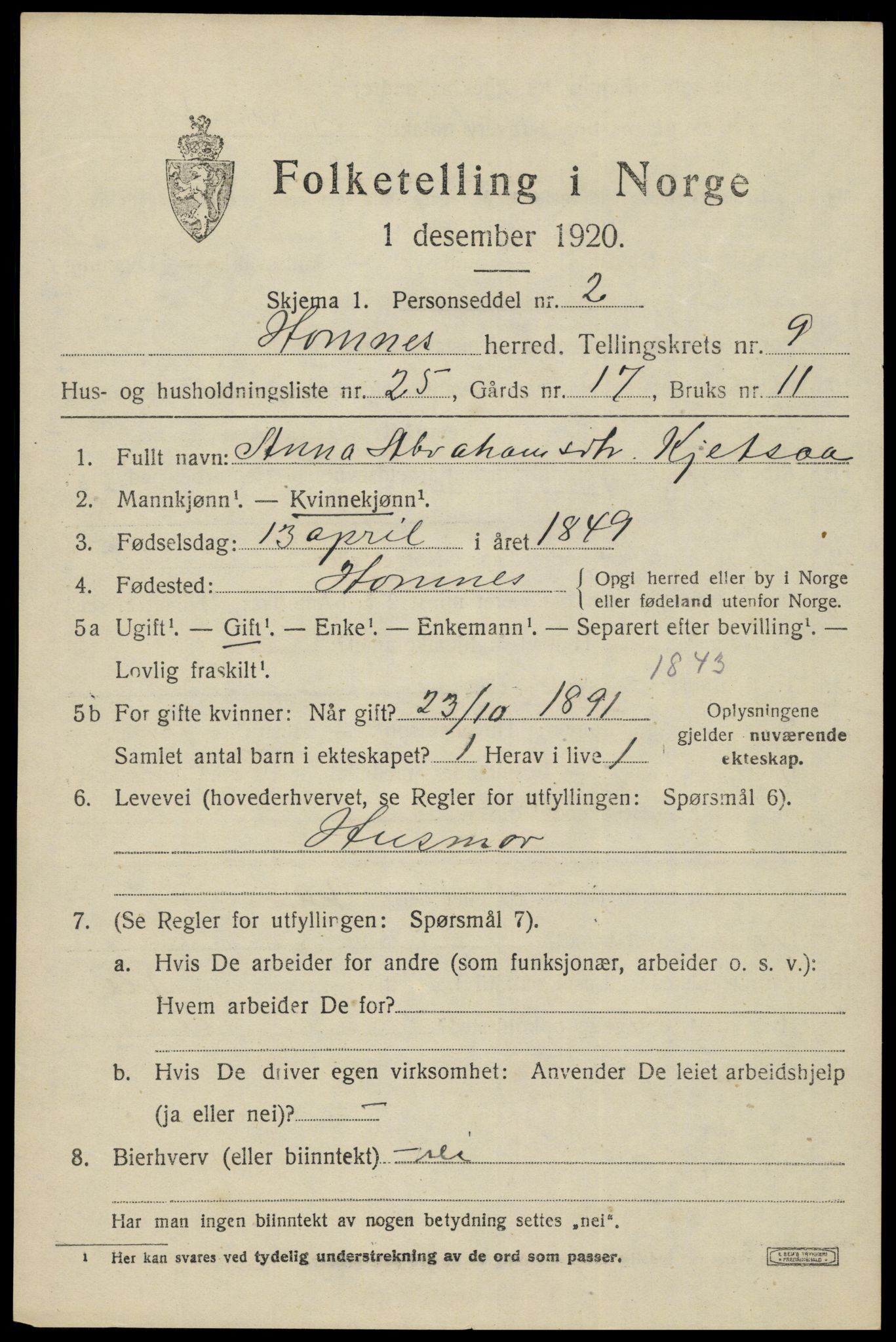 SAK, 1920 census for Hornnes, 1920, p. 2495