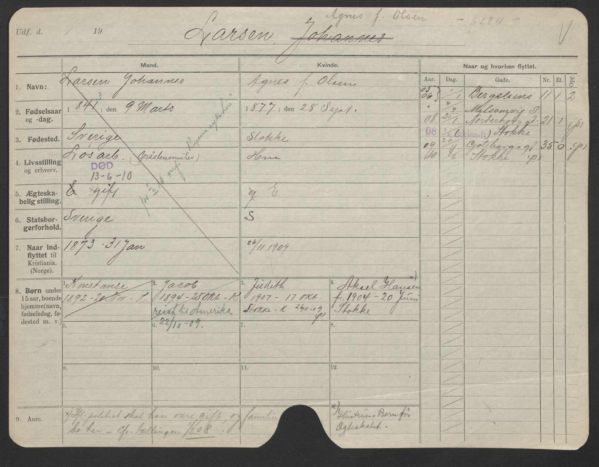 Oslo folkeregister, Registerkort, AV/SAO-A-11715/F/Fa/Fac/L0019: Kvinner, 1906-1914, p. 773a