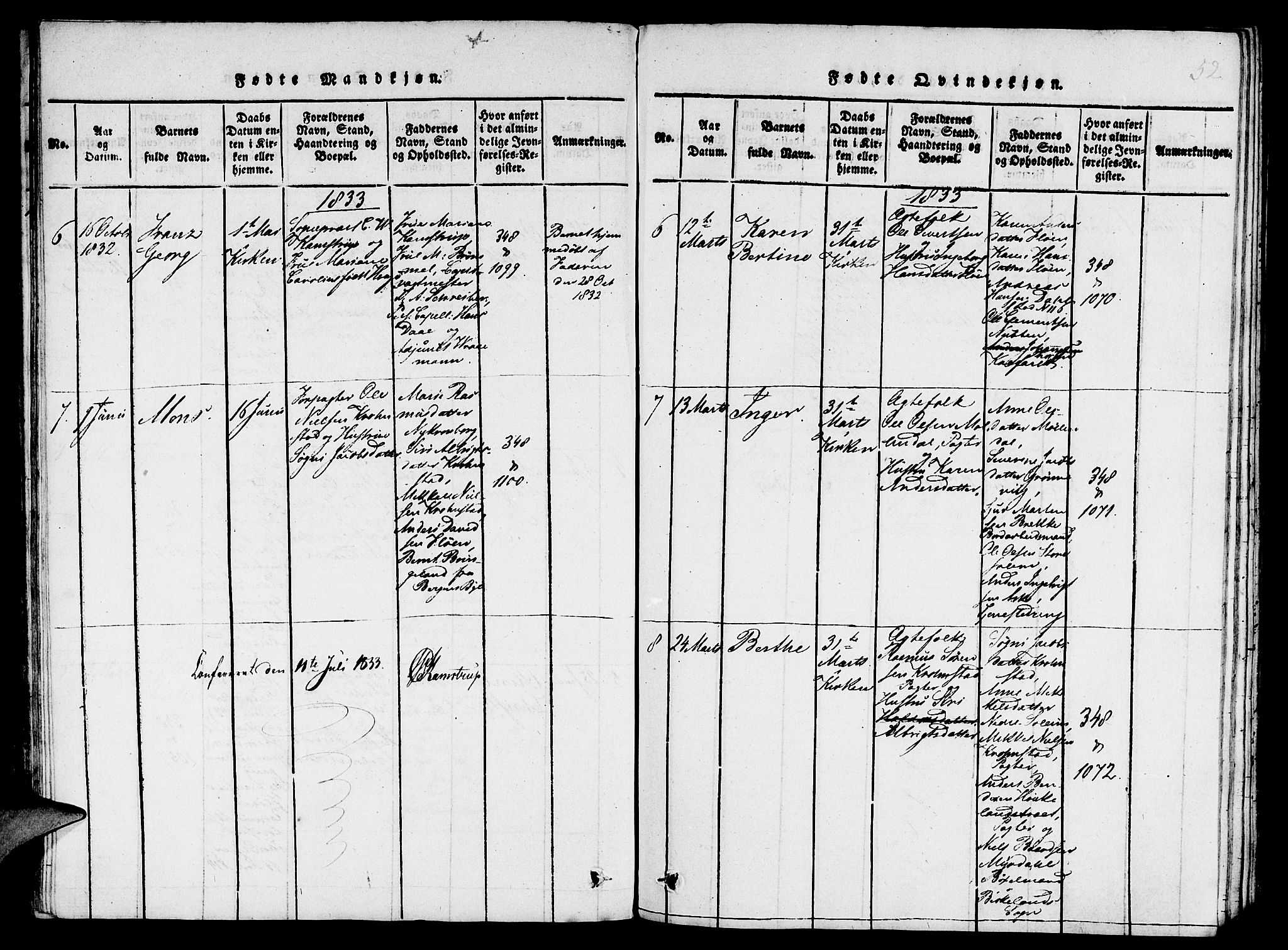 St. Jørgens hospital og Årstad sokneprestembete, SAB/A-99934: Parish register (copy) no. A 1, 1816-1843, p. 52