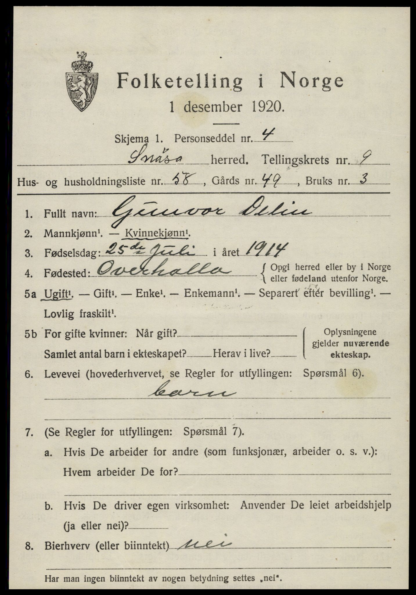 SAT, 1920 census for Snåsa, 1920, p. 4326