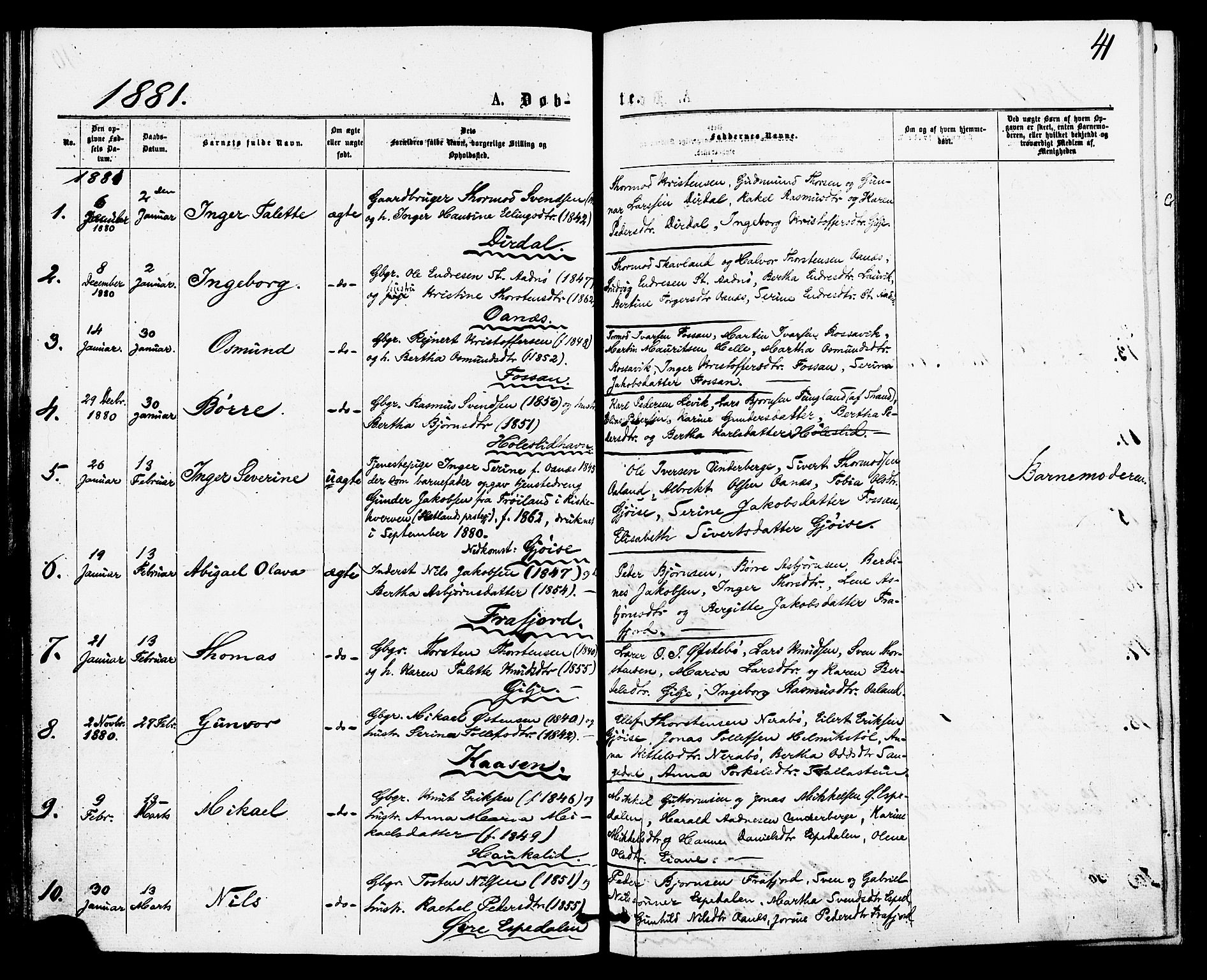 Høgsfjord sokneprestkontor, SAST/A-101624/H/Ha/Haa/L0004: Parish register (official) no. A 4, 1876-1884, p. 41