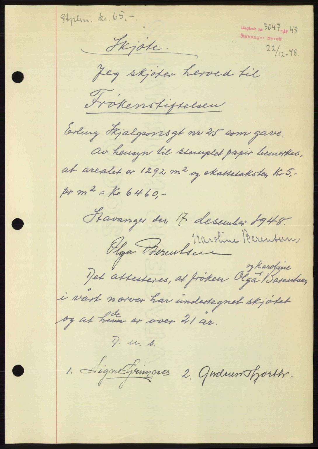 Stavanger byrett, SAST/A-100455/002/G/Gb/L0023: Mortgage book no. A12, 1948-1949, Diary no: : 3047/1948