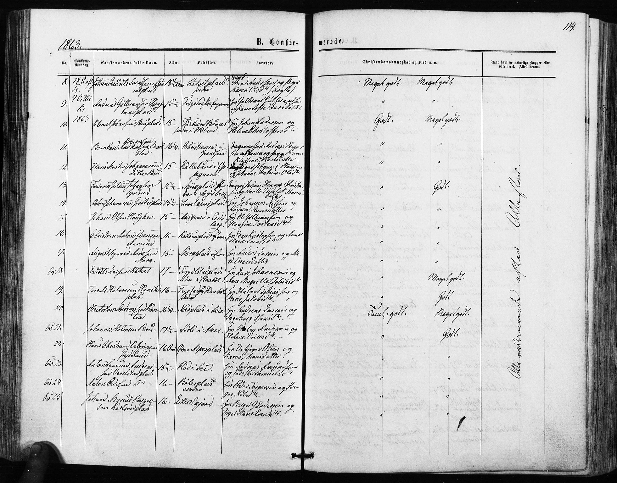 Kråkstad prestekontor Kirkebøker, AV/SAO-A-10125a/F/Fa/L0007: Parish register (official) no. I 7, 1858-1870, p. 114