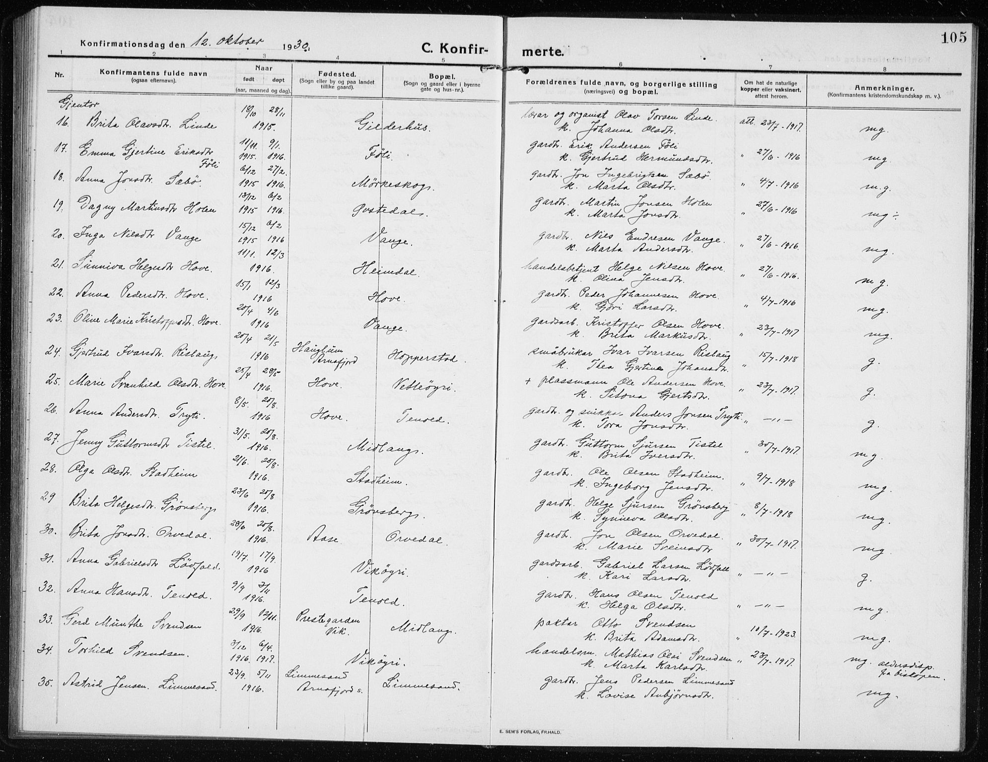 Vik sokneprestembete, AV/SAB-A-81501/H/Hab/Haba/L0005: Parish register (copy) no. A 5, 1915-1935, p. 105