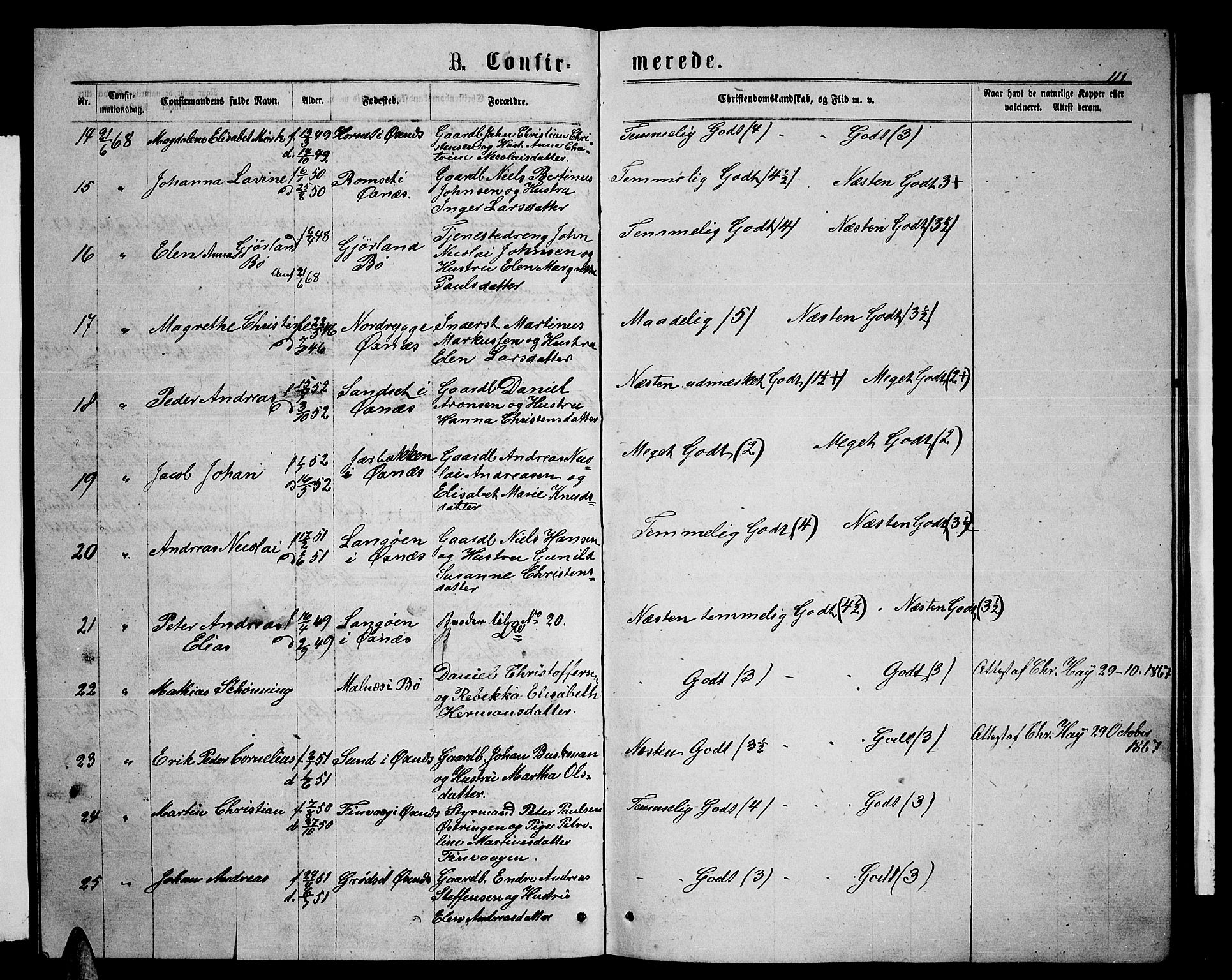 Ministerialprotokoller, klokkerbøker og fødselsregistre - Nordland, AV/SAT-A-1459/893/L1348: Parish register (copy) no. 893C03, 1867-1877, p. 111