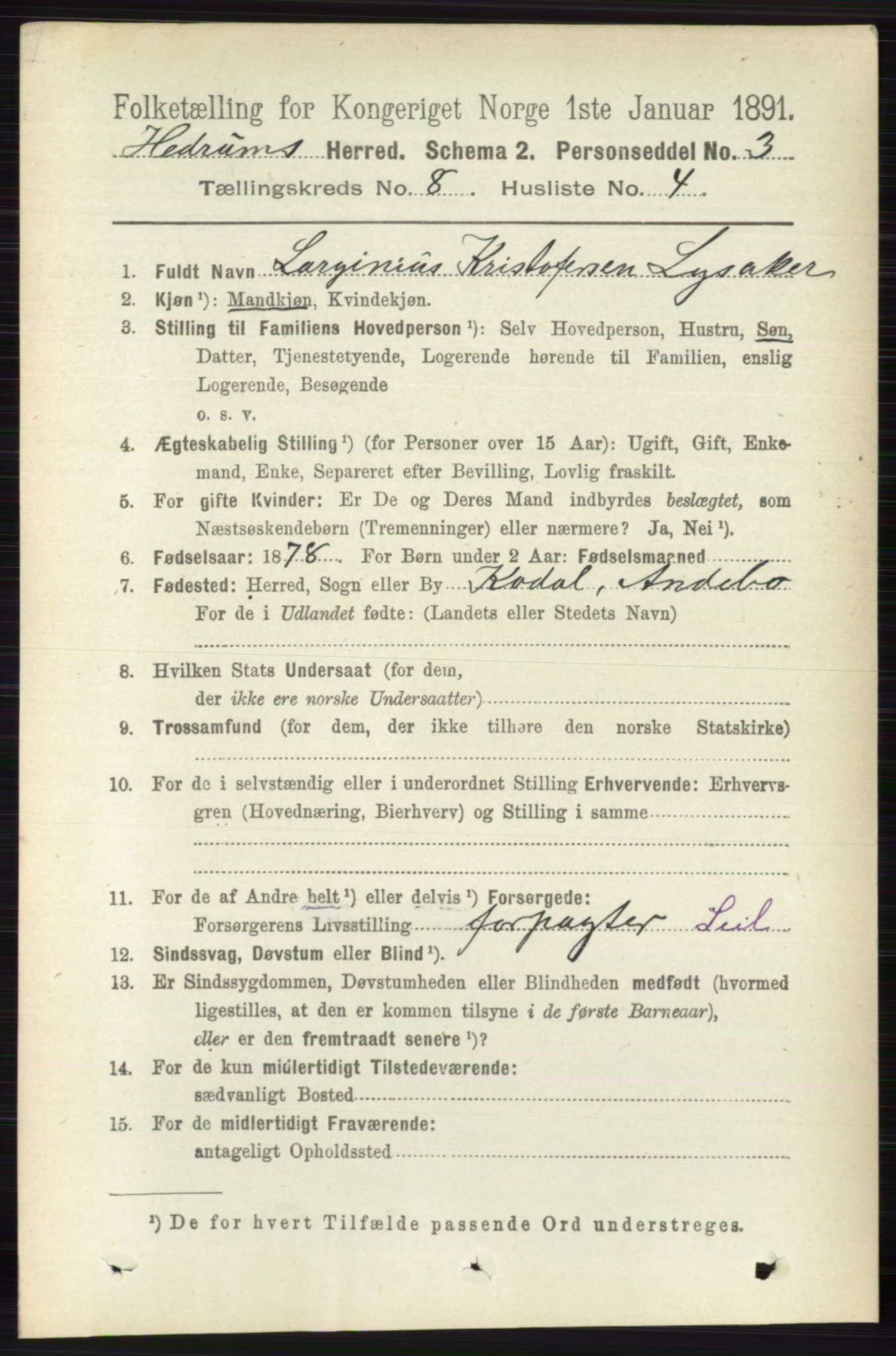 RA, 1891 census for 0727 Hedrum, 1891, p. 3491