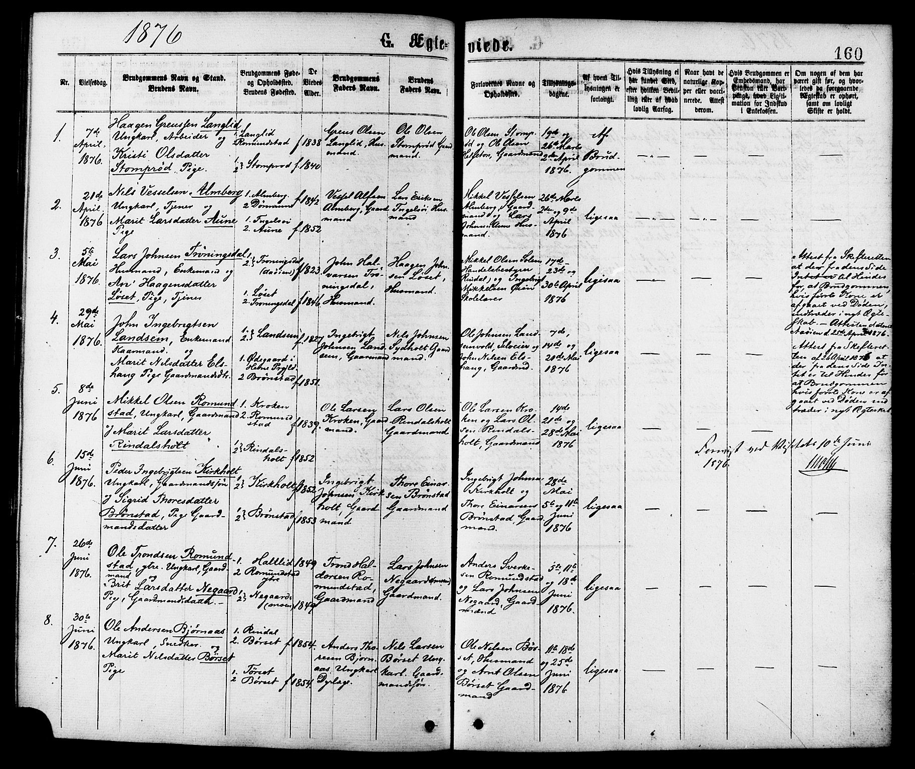 Ministerialprotokoller, klokkerbøker og fødselsregistre - Møre og Romsdal, AV/SAT-A-1454/598/L1068: Parish register (official) no. 598A02, 1872-1881, p. 160