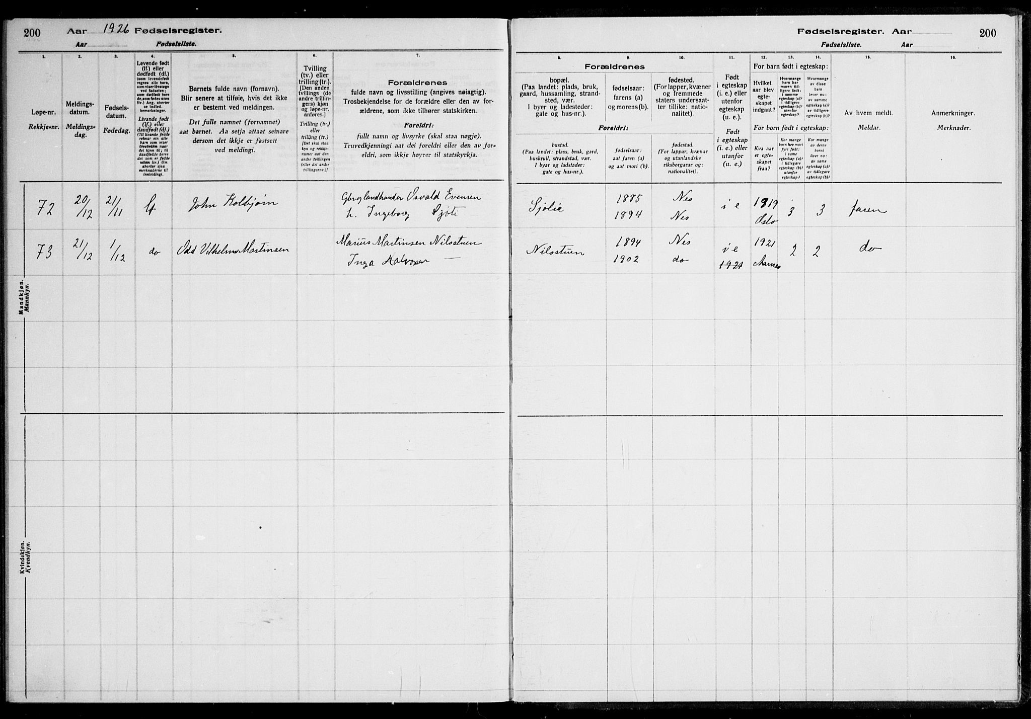 Nes prestekontor Kirkebøker, AV/SAO-A-10410/J/Ja/L0001: Birth register no. 1, 1916-1926, p. 200