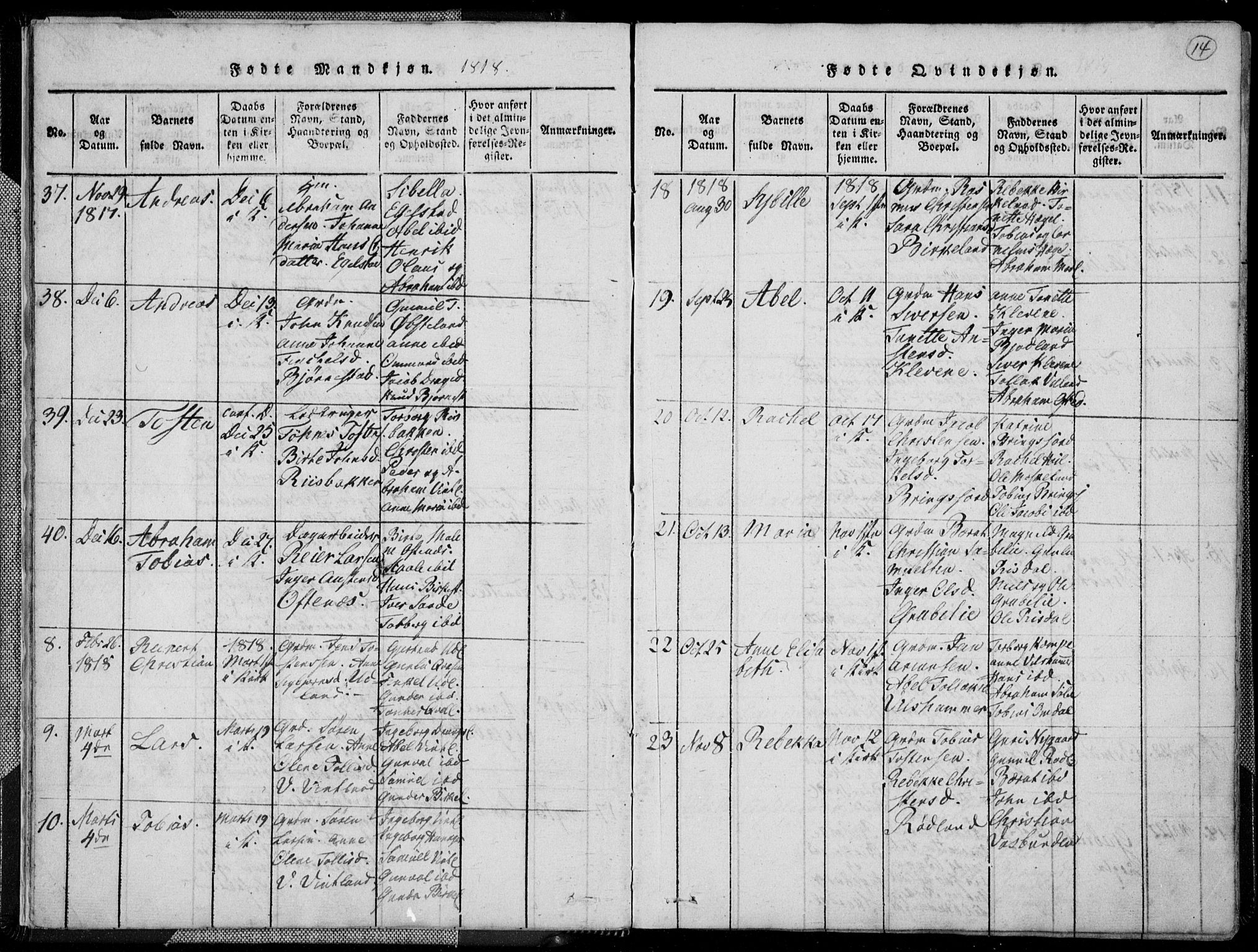 Lyngdal sokneprestkontor, AV/SAK-1111-0029/F/Fa/Fac/L0006: Parish register (official) no. A 6, 1815-1825, p. 14