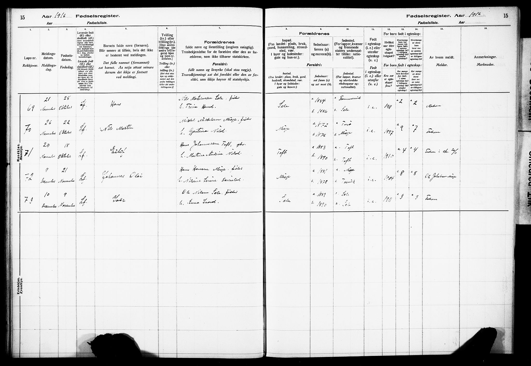 Herdla Sokneprestembete, SAB/A-75701/I/Id/L00A1: Birth register no. A 1, 1916-1929, p. 15