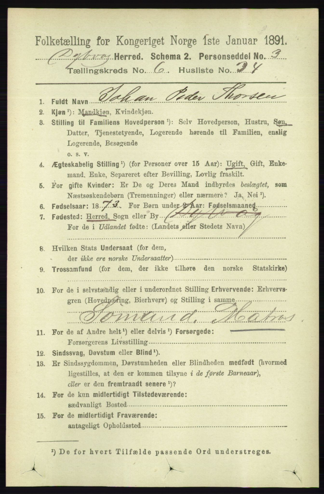 RA, 1891 census for 0915 Dypvåg, 1891, p. 1966