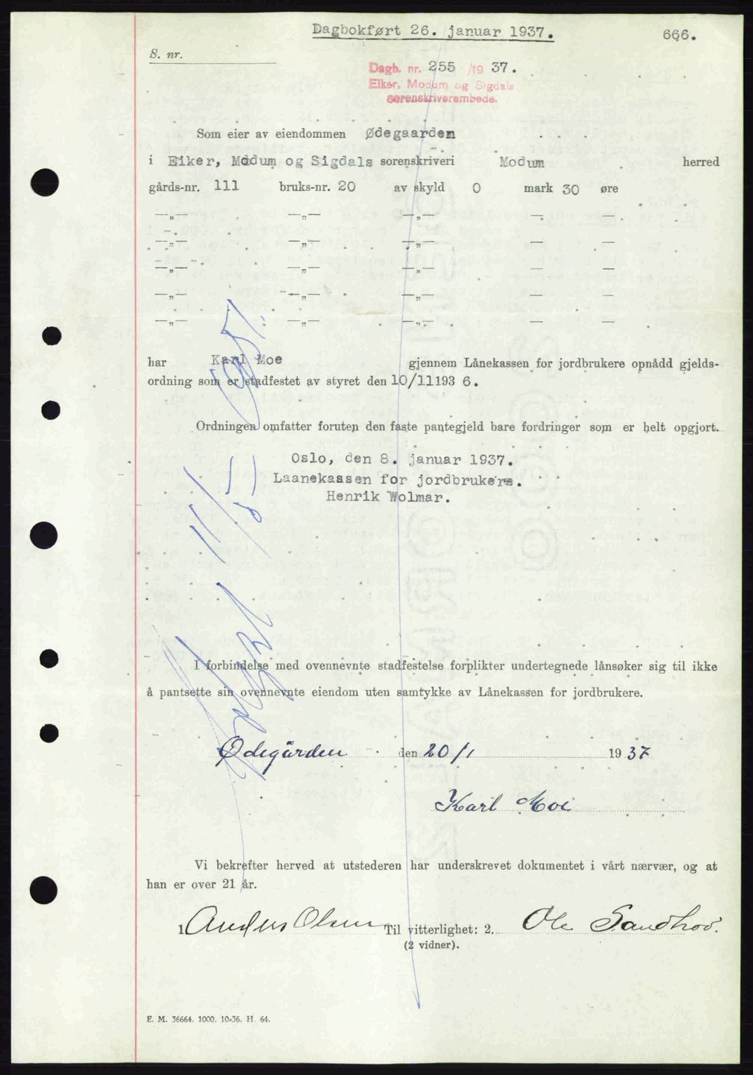 Eiker, Modum og Sigdal sorenskriveri, SAKO/A-123/G/Ga/Gab/L0034: Mortgage book no. A4, 1936-1937, Diary no: : 255/1937
