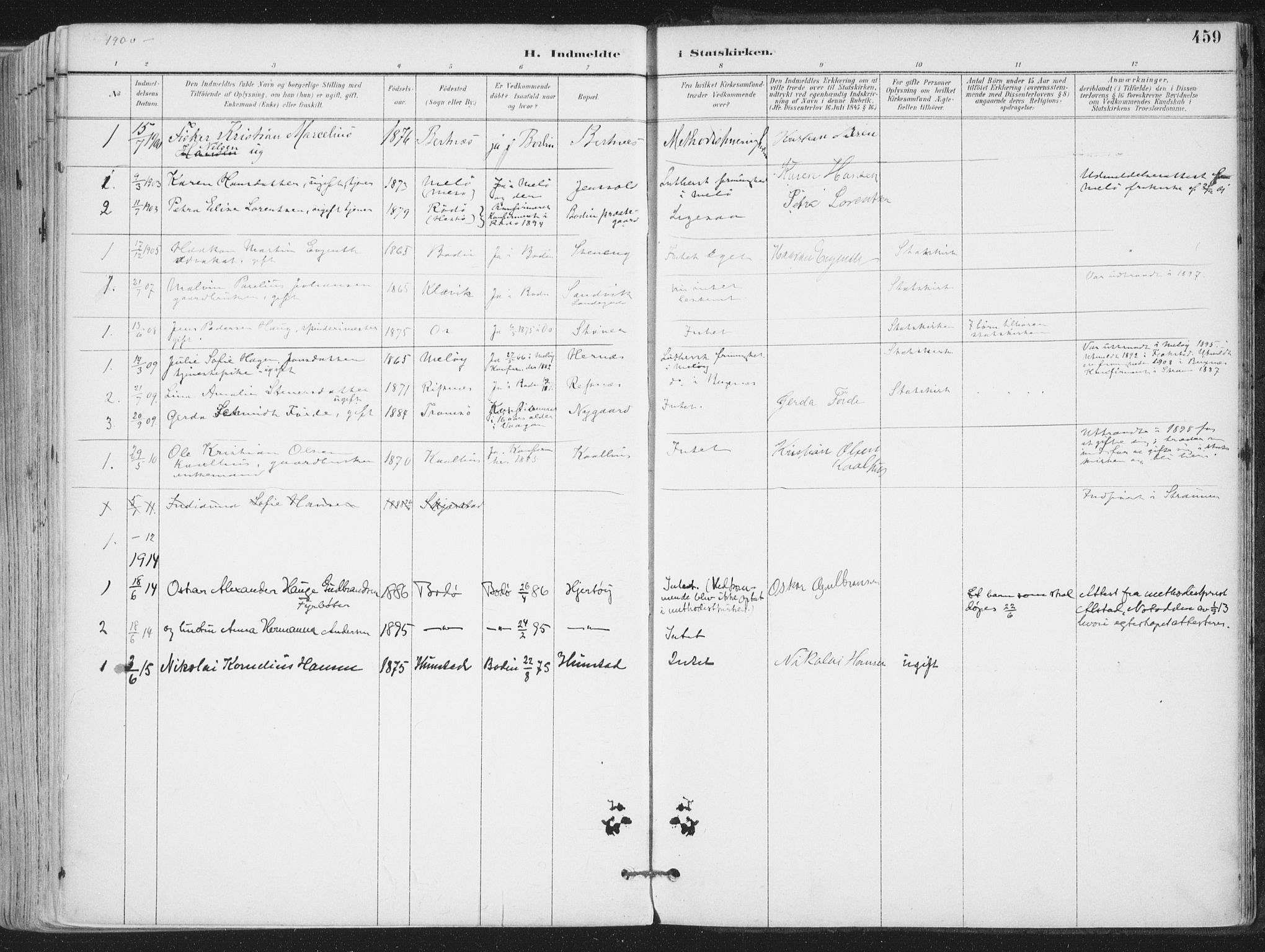 Ministerialprotokoller, klokkerbøker og fødselsregistre - Nordland, AV/SAT-A-1459/802/L0055: Parish register (official) no. 802A02, 1894-1915, p. 459