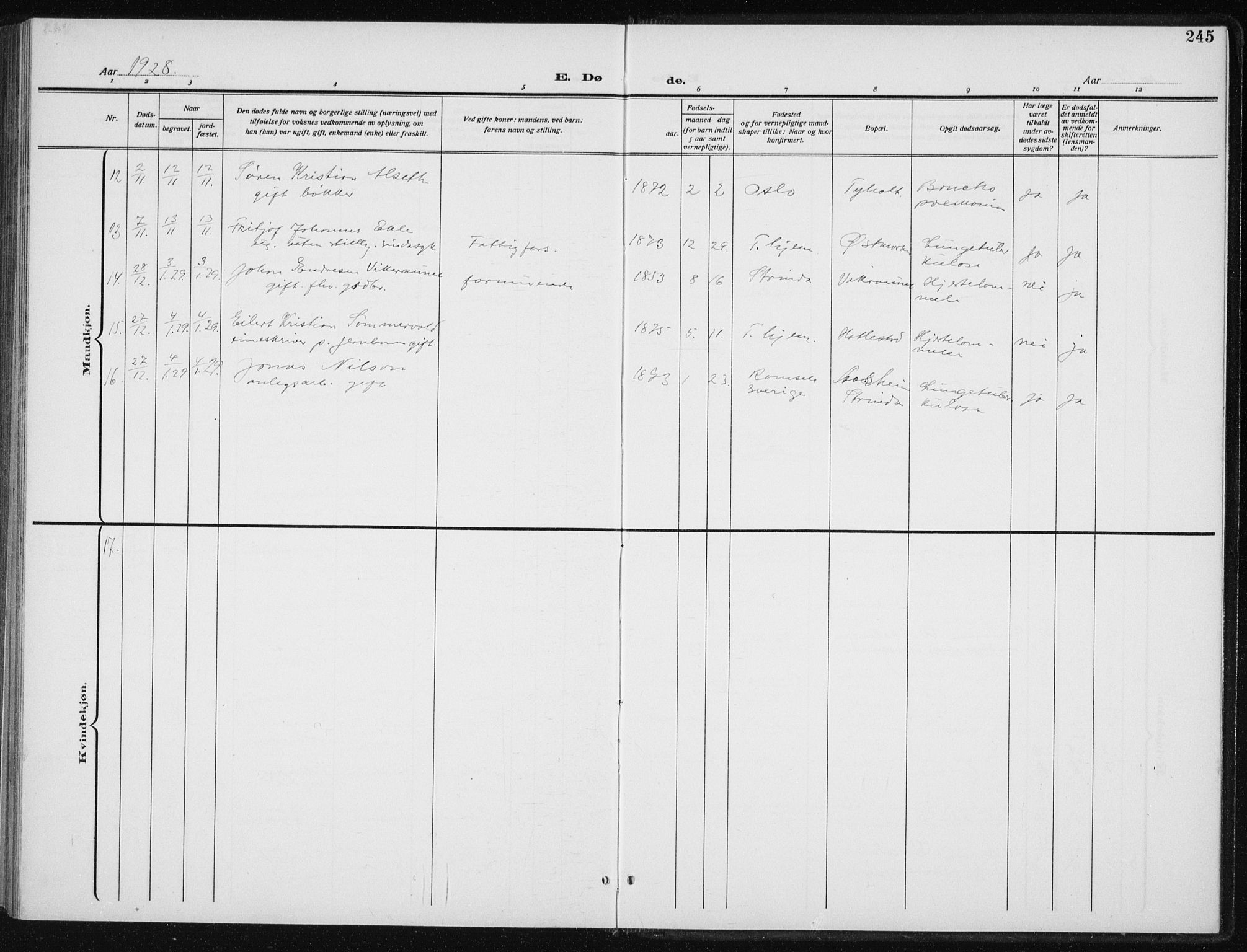 Ministerialprotokoller, klokkerbøker og fødselsregistre - Sør-Trøndelag, SAT/A-1456/606/L0314: Parish register (copy) no. 606C10, 1911-1937, p. 245