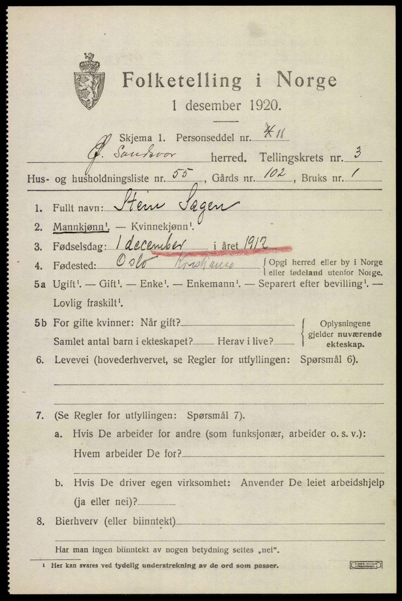 SAKO, 1920 census for Øvre Sandsvær, 1920, p. 2538