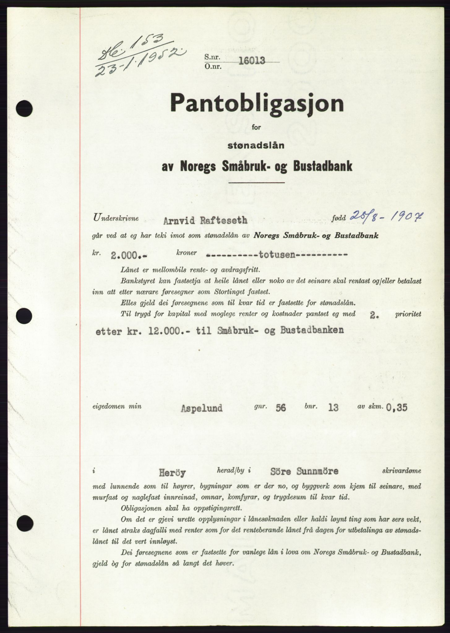 Søre Sunnmøre sorenskriveri, AV/SAT-A-4122/1/2/2C/L0121: Mortgage book no. 9B, 1951-1952, Diary no: : 153/1952