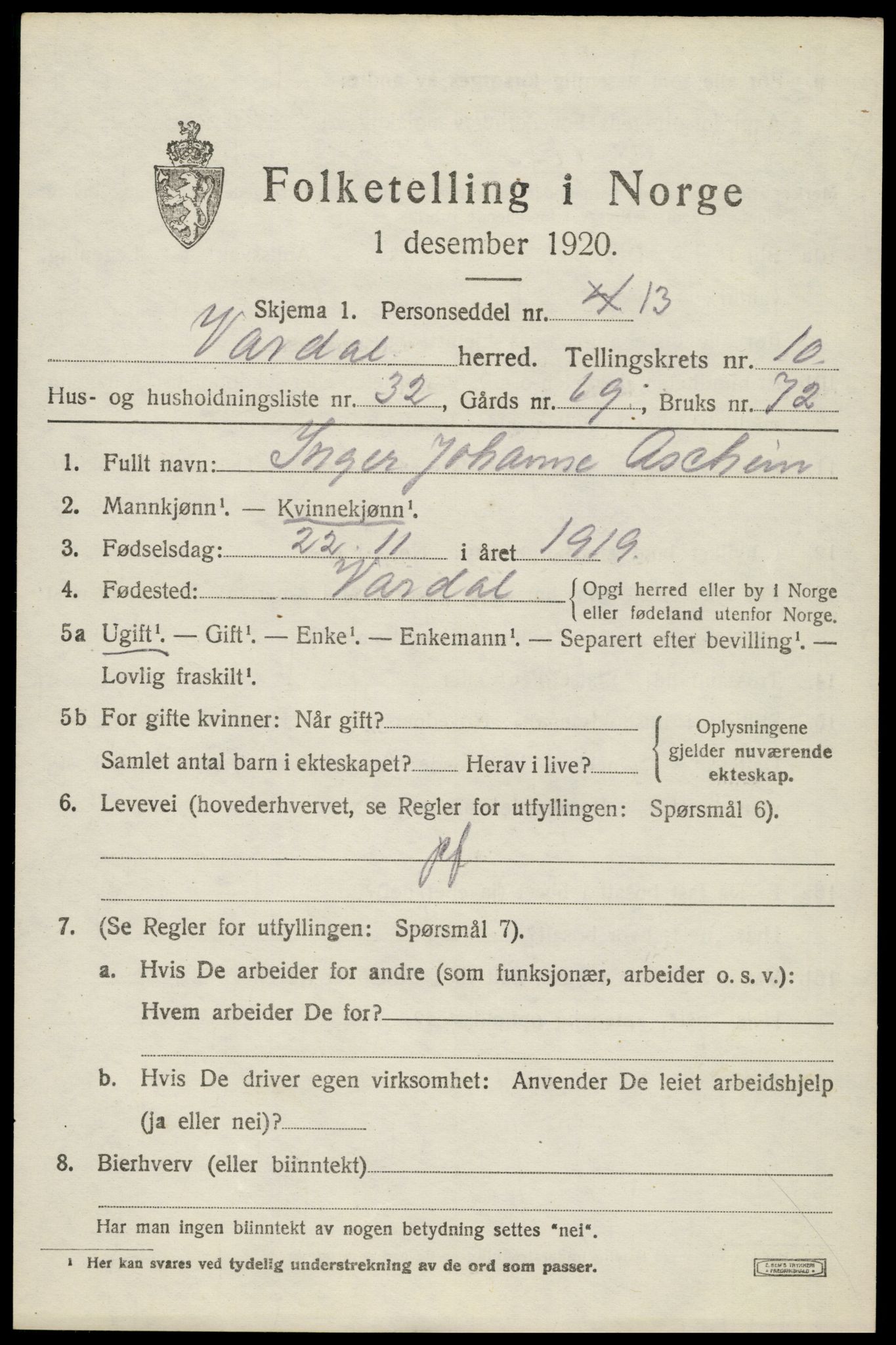 SAH, 1920 census for Vardal, 1920, p. 9029