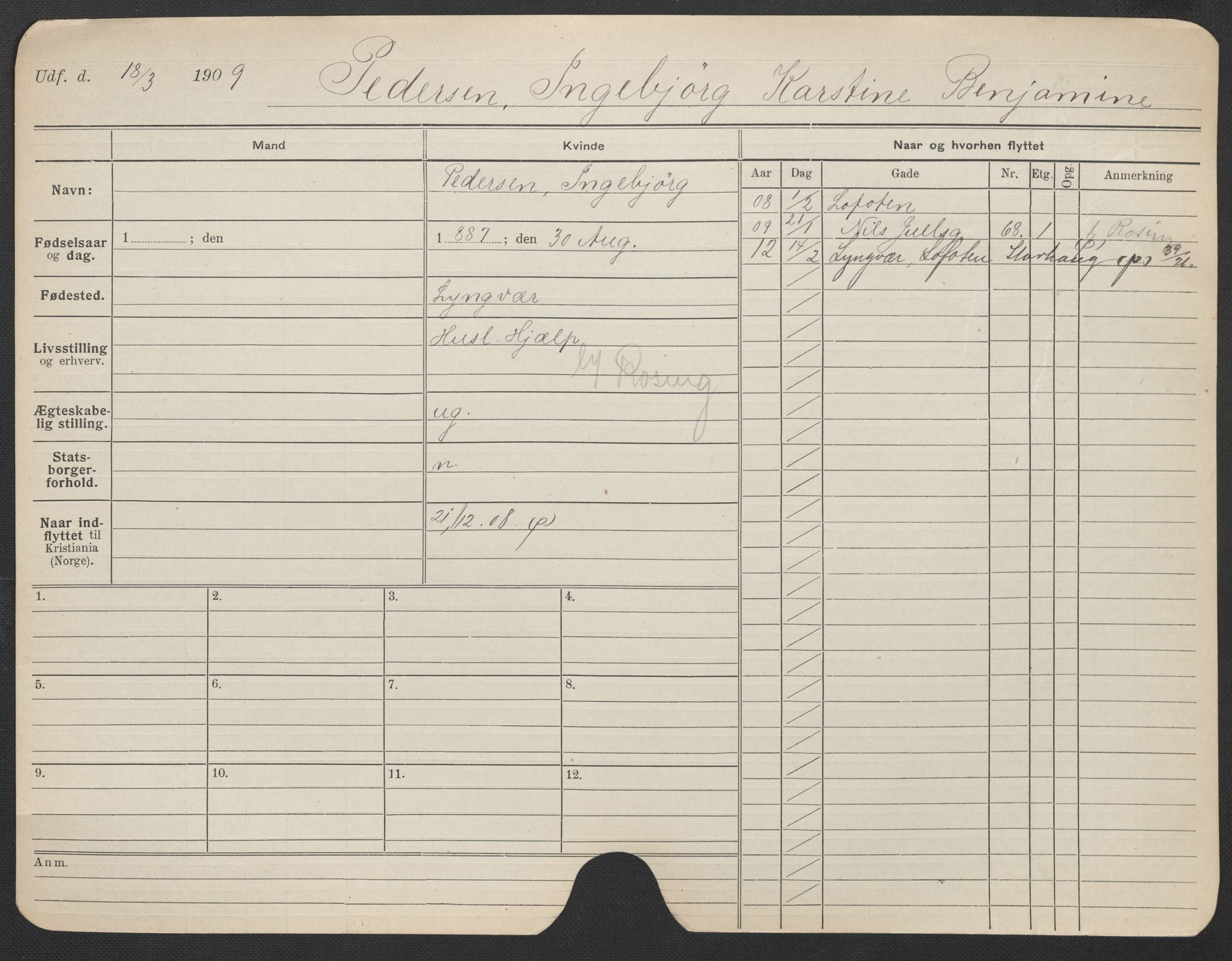 Oslo folkeregister, Registerkort, AV/SAO-A-11715/F/Fa/Fac/L0022: Kvinner, 1906-1914, p. 728a