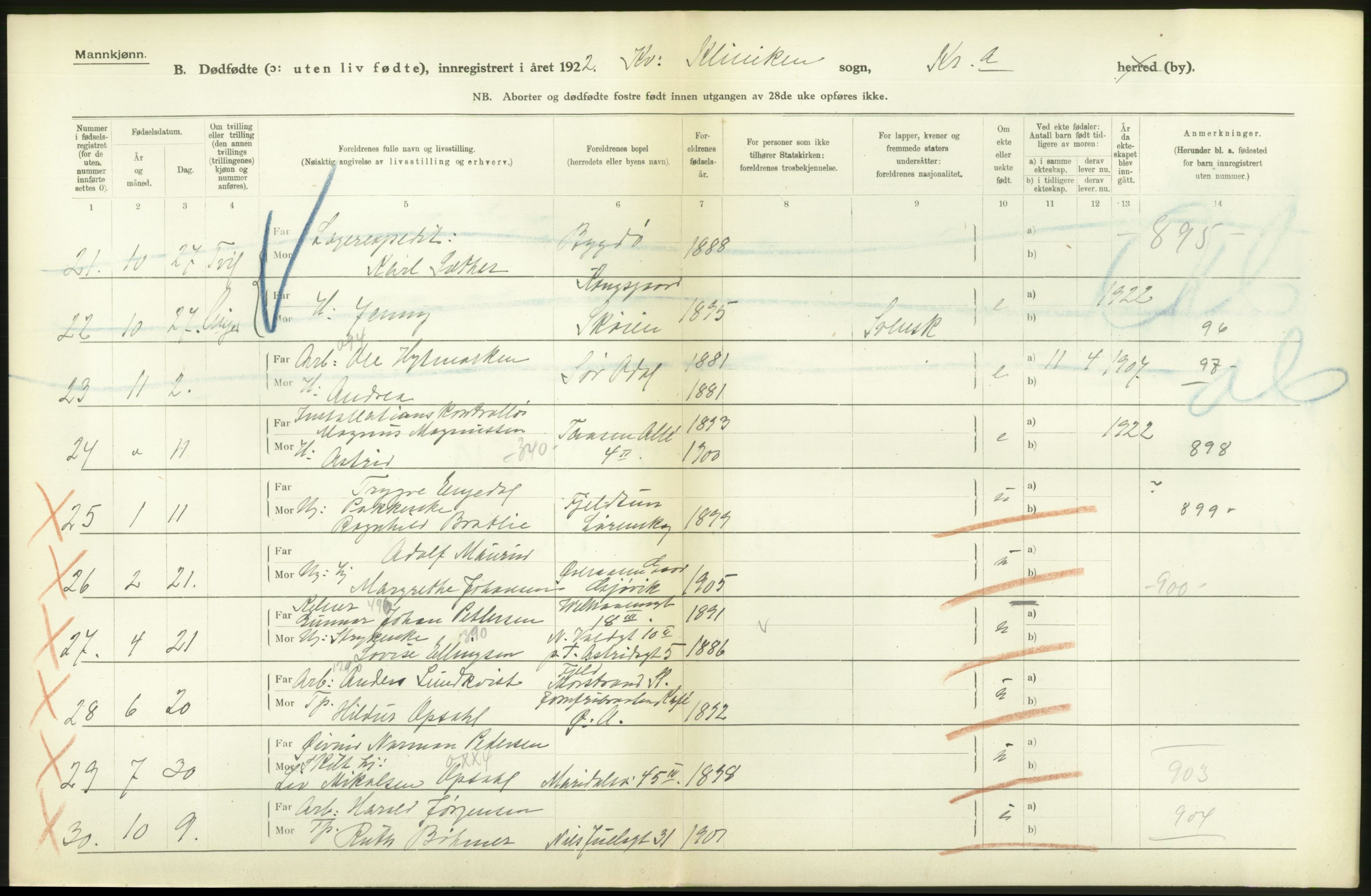 Statistisk sentralbyrå, Sosiodemografiske emner, Befolkning, AV/RA-S-2228/D/Df/Dfc/Dfcb/L0010: Kristiania: Døde, dødfødte, 1922, p. 38