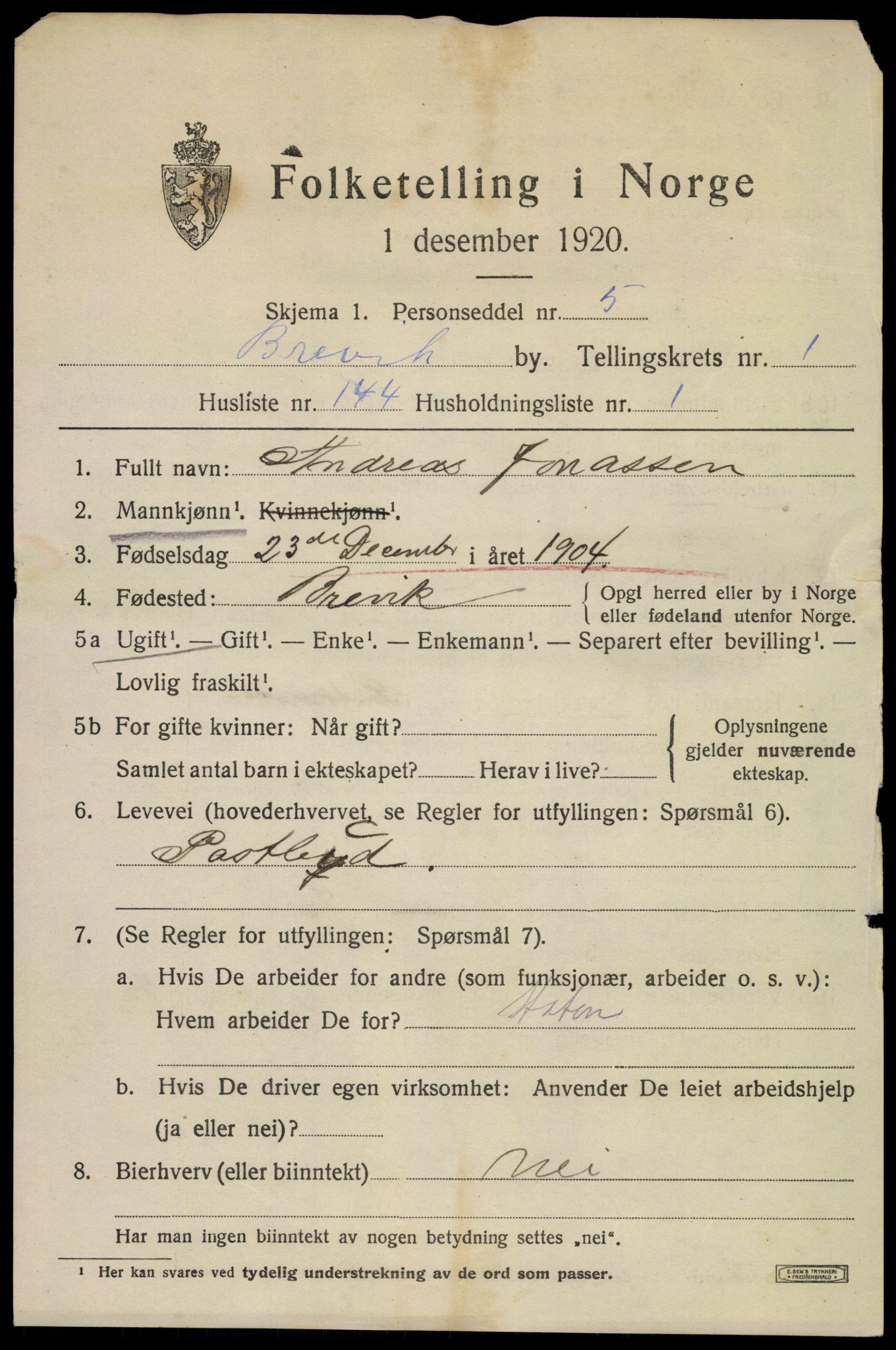 SAKO, 1920 census for Brevik, 1920, p. 3864