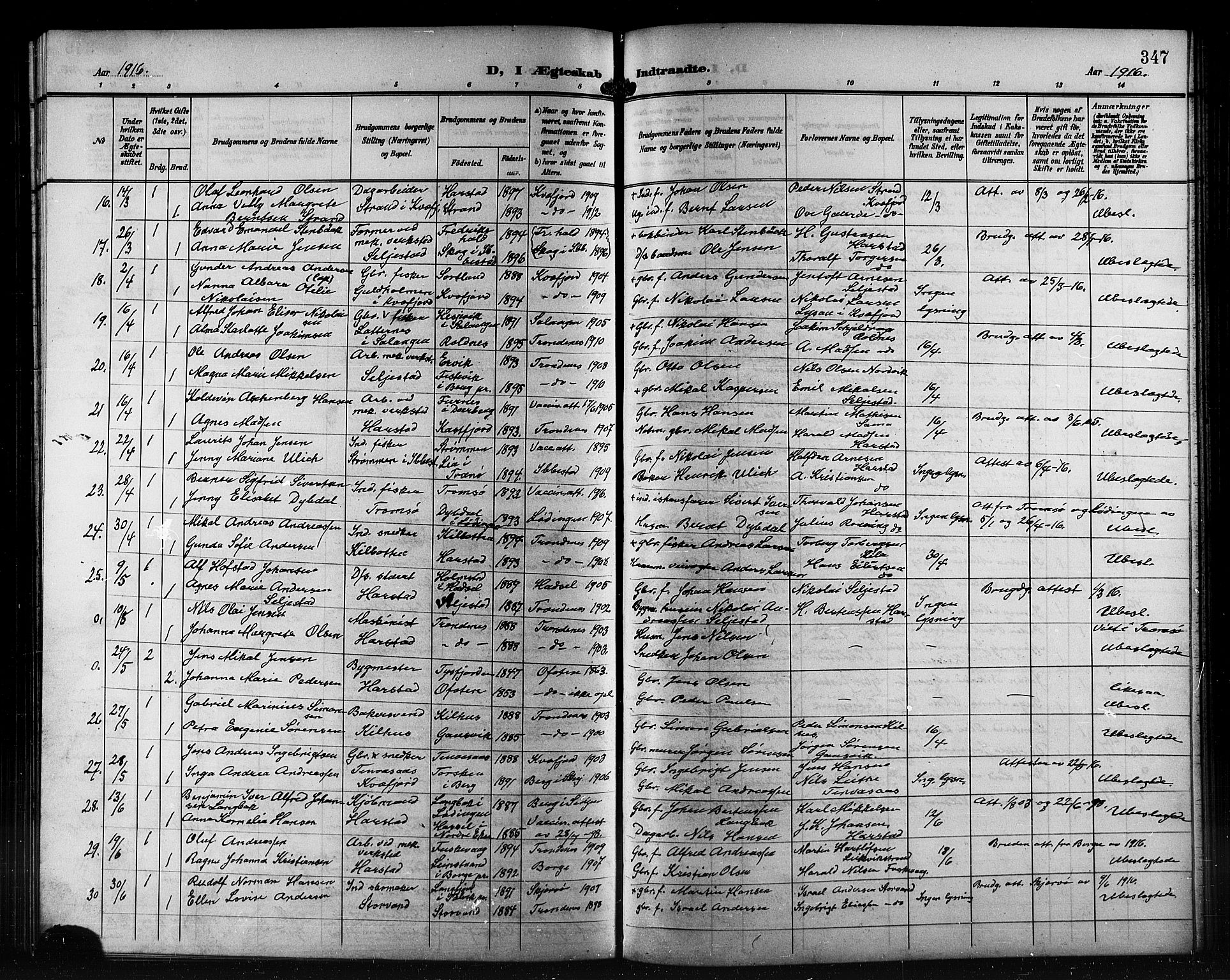 Trondenes sokneprestkontor, AV/SATØ-S-1319/H/Hb/L0012klokker: Parish register (copy) no. 12, 1907-1916, p. 347