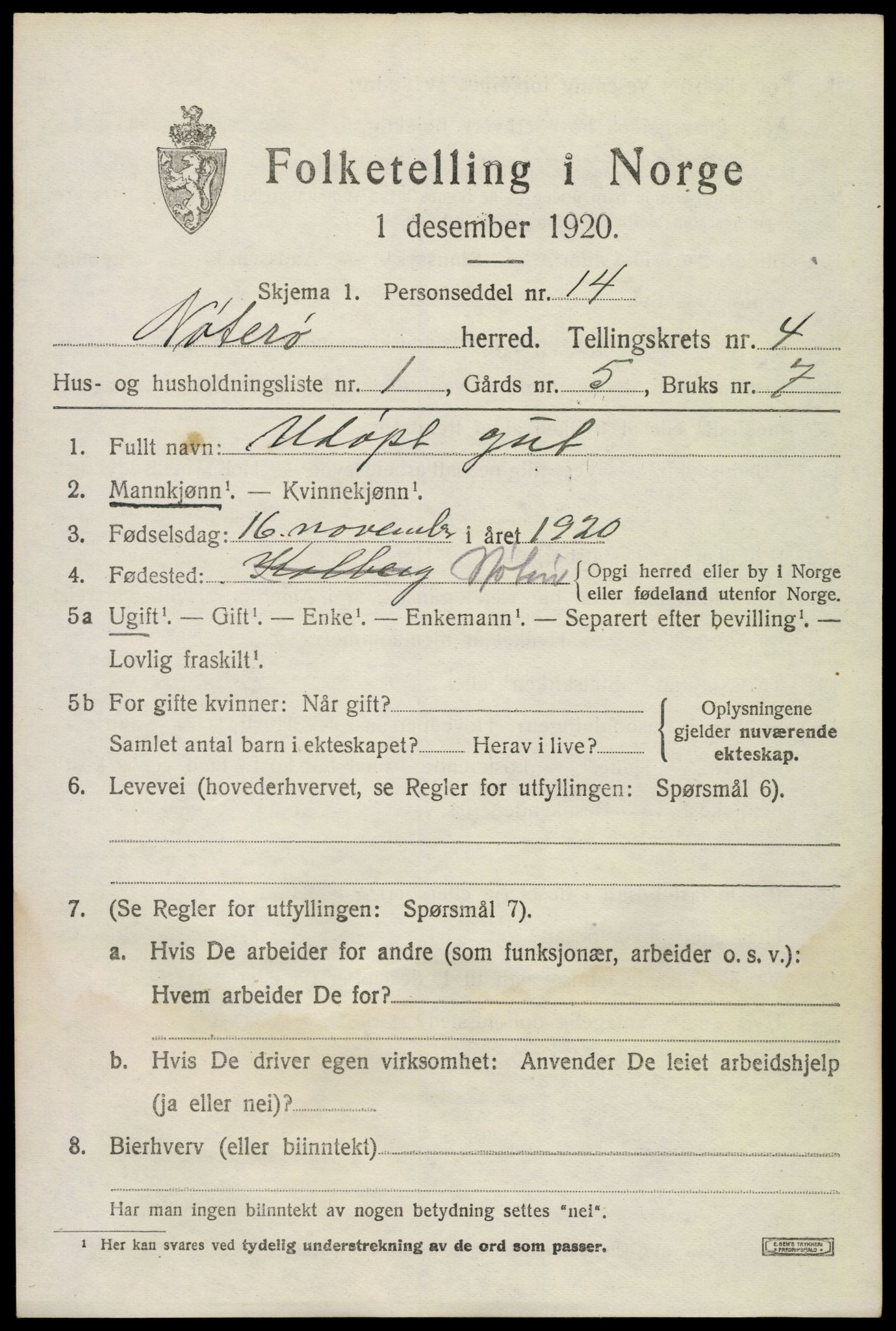 SAKO, 1920 census for Nøtterøy, 1920, p. 6685