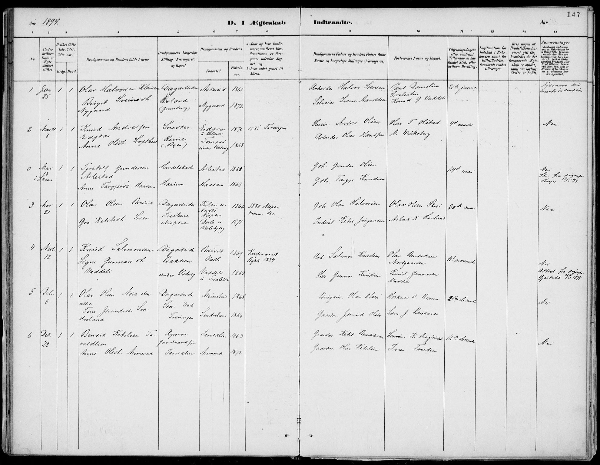 Fyresdal kirkebøker, SAKO/A-263/F/Fa/L0007: Parish register (official) no. I 7, 1887-1914, p. 147