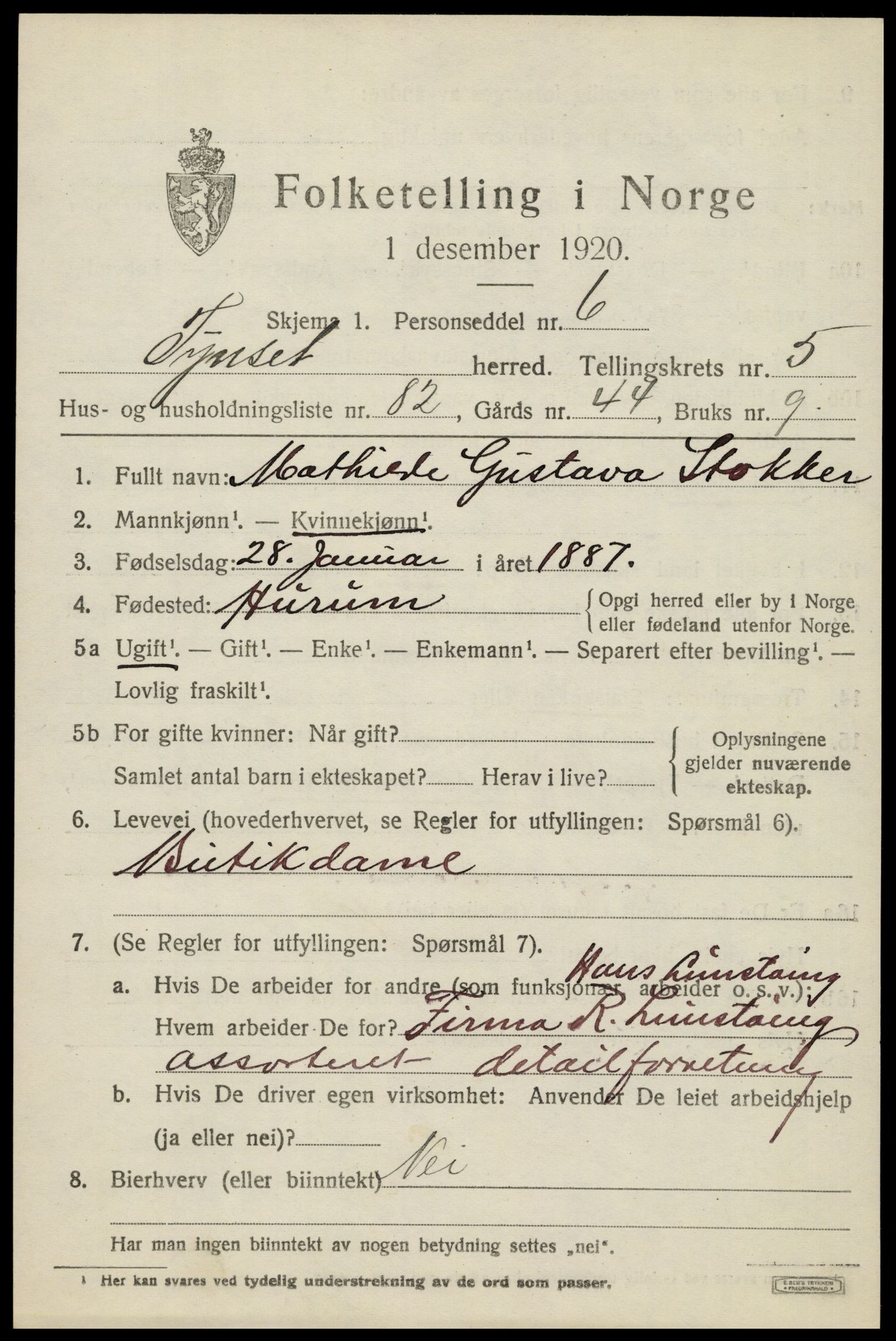 SAH, 1920 census for Tynset, 1920, p. 5490