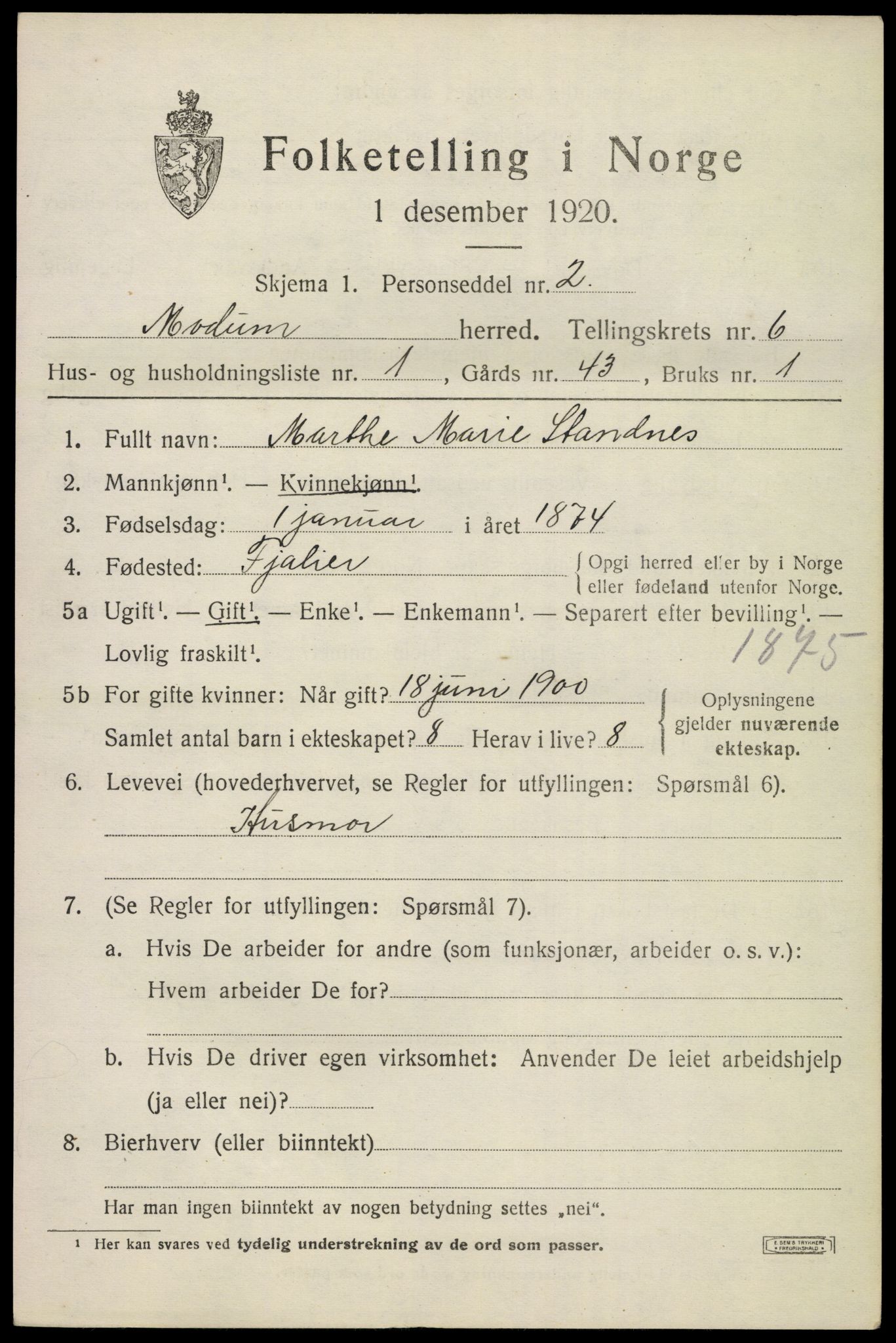 SAKO, 1920 census for Modum, 1920, p. 8353