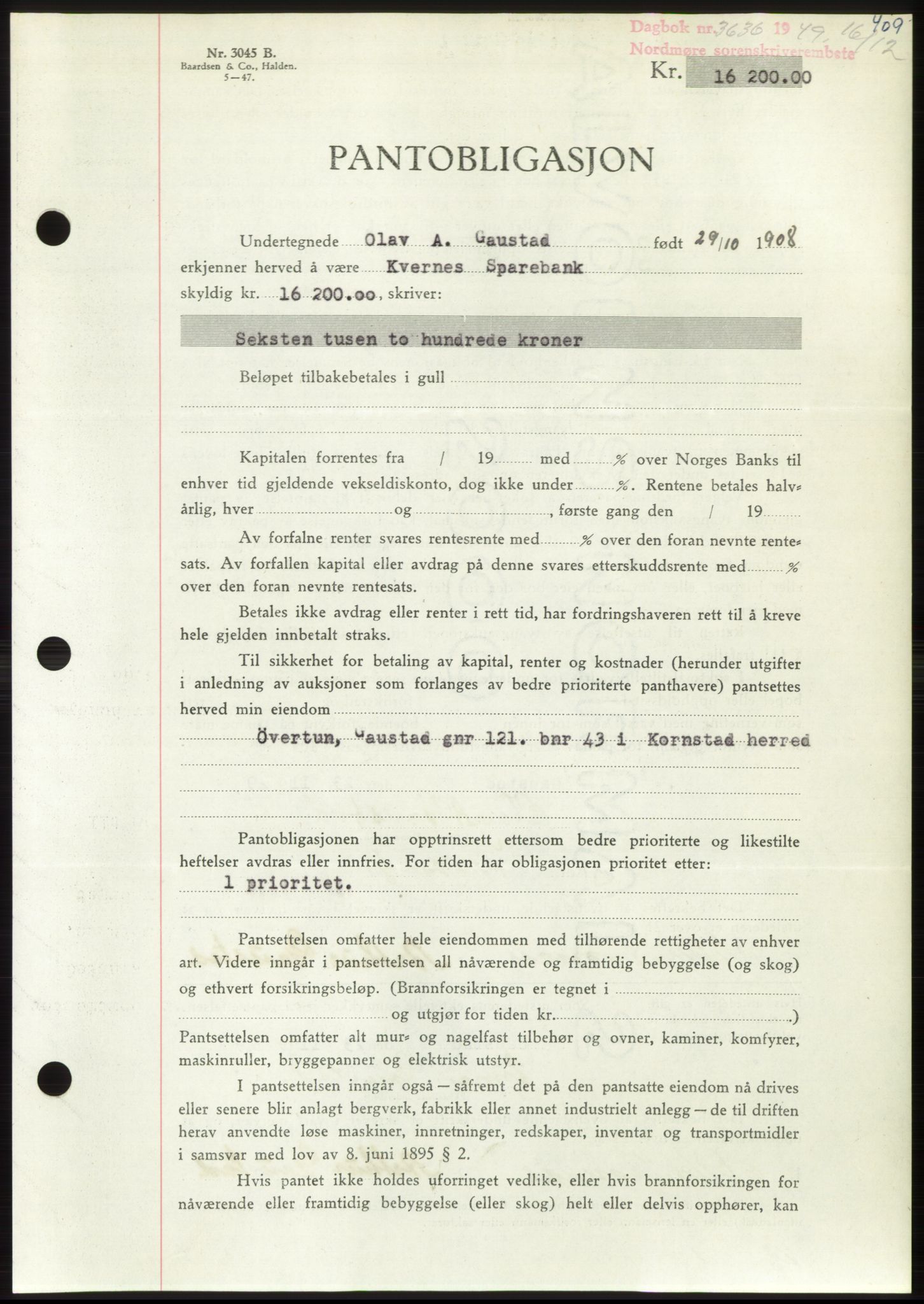 Nordmøre sorenskriveri, AV/SAT-A-4132/1/2/2Ca: Mortgage book no. B103, 1949-1950, Diary no: : 3636/1949