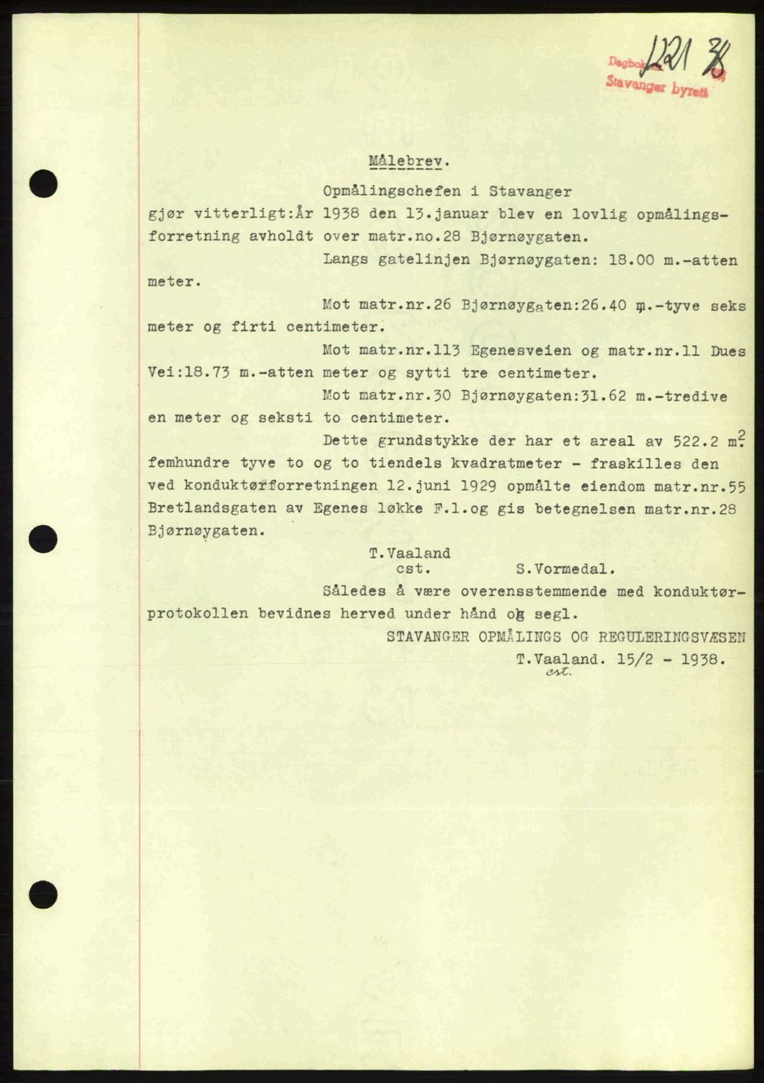 Stavanger byrett, SAST/A-100455/002/G/Gb/L0013: Mortgage book no. A3, 1937-1938, Diary no: : 1221/1938