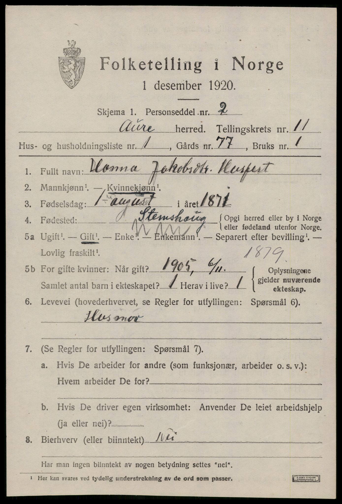 SAT, 1920 census for Aure, 1920, p. 4236