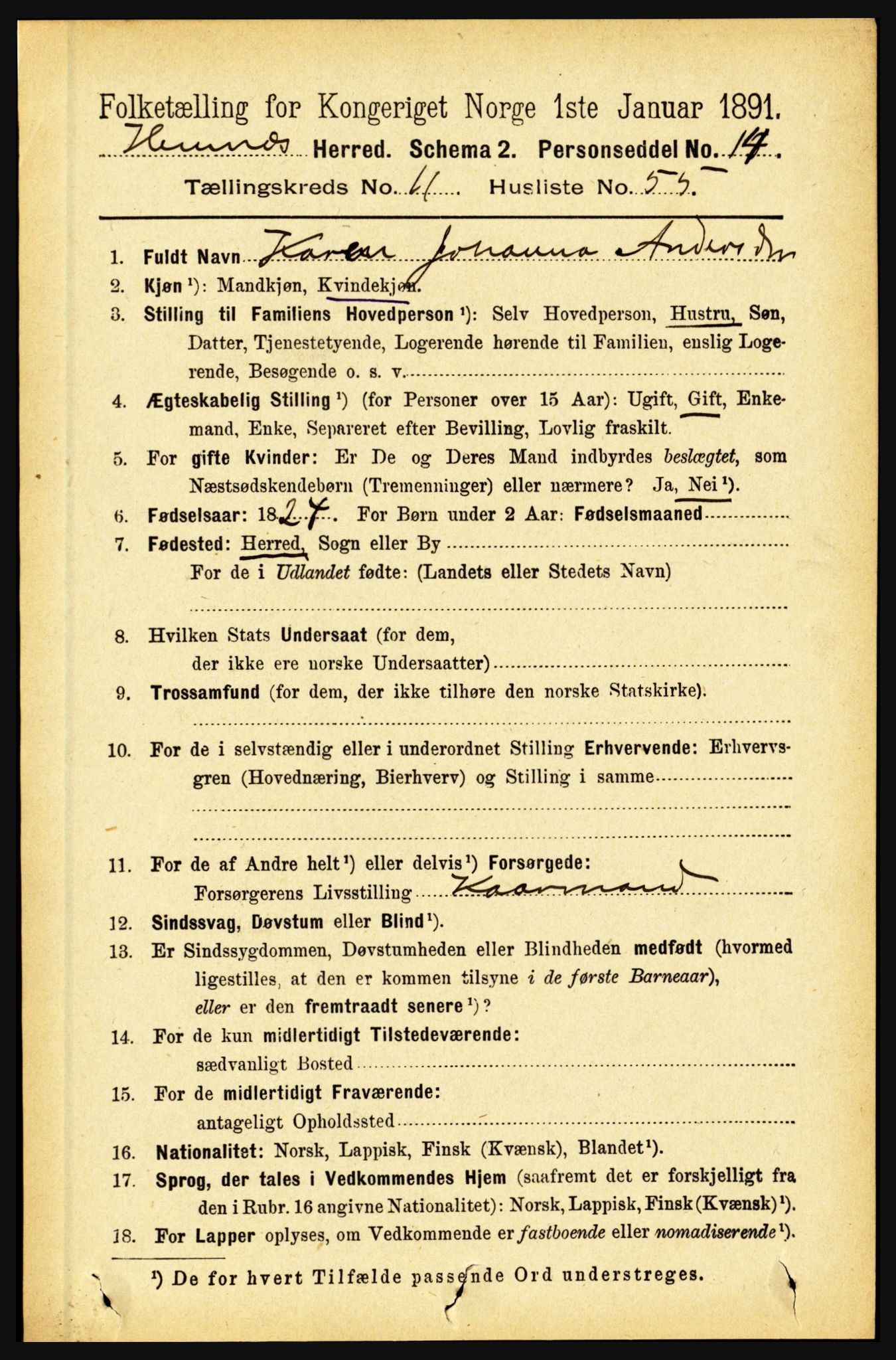 RA, 1891 census for 1832 Hemnes, 1891, p. 5687