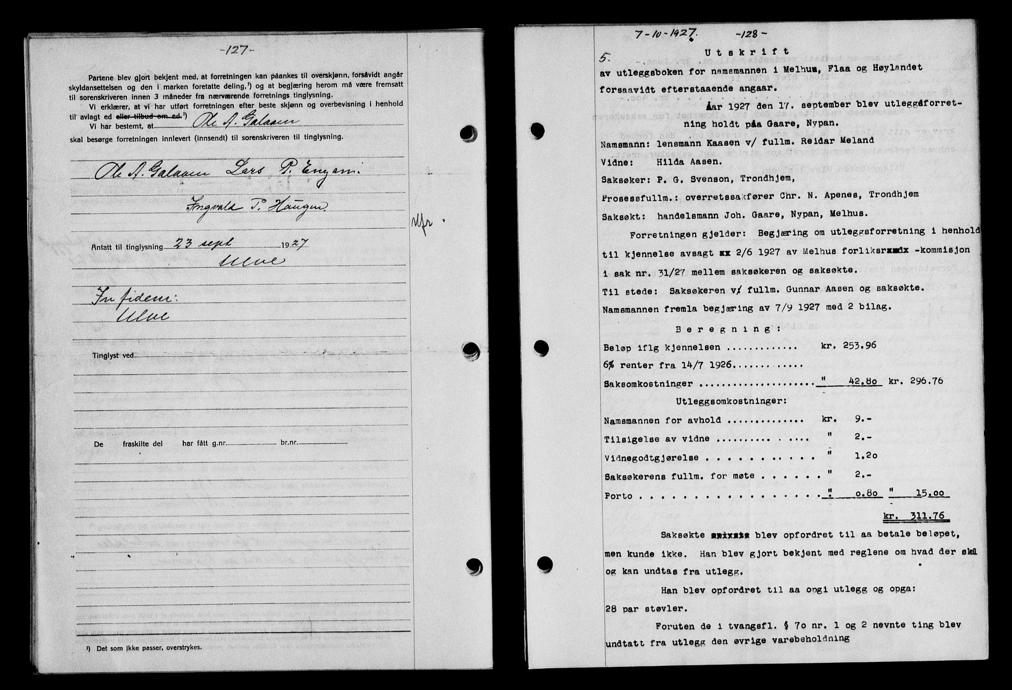 Gauldal sorenskriveri, SAT/A-0014/1/2/2C/L0036: Mortgage book no. 37, 1927-1928, Deed date: 07.10.1927
