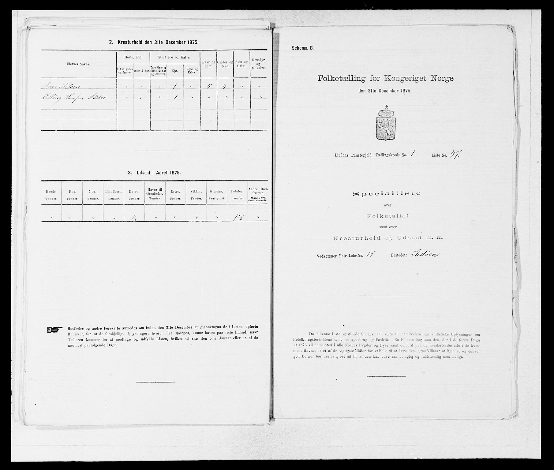 SAB, 1875 census for 1263P Lindås, 1875, p. 142