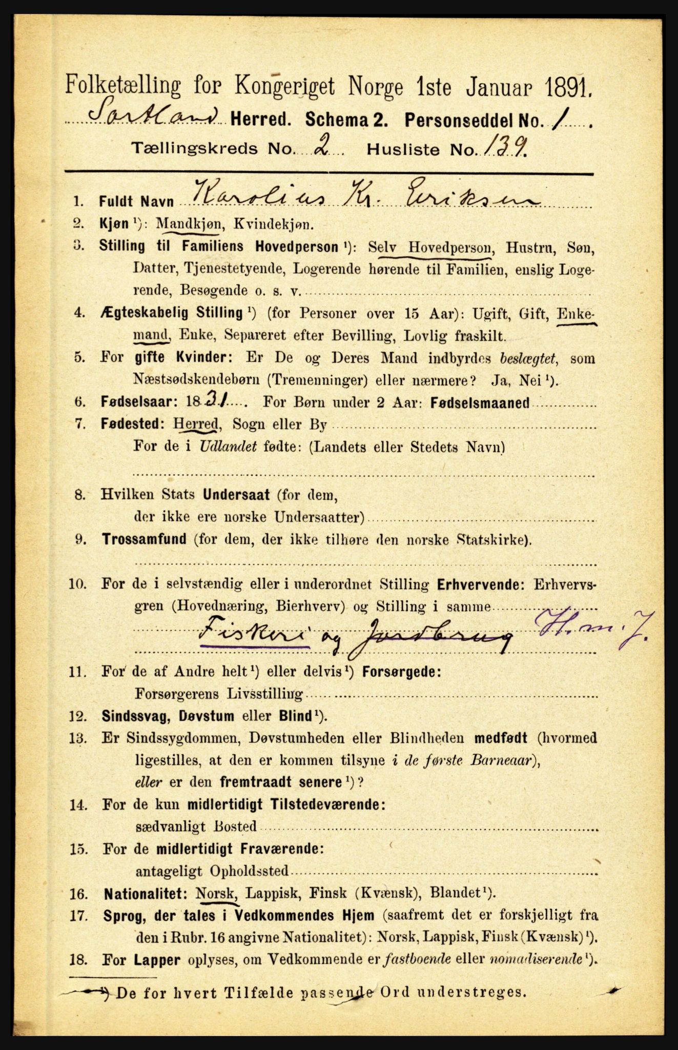 RA, 1891 census for 1870 Sortland, 1891, p. 2054