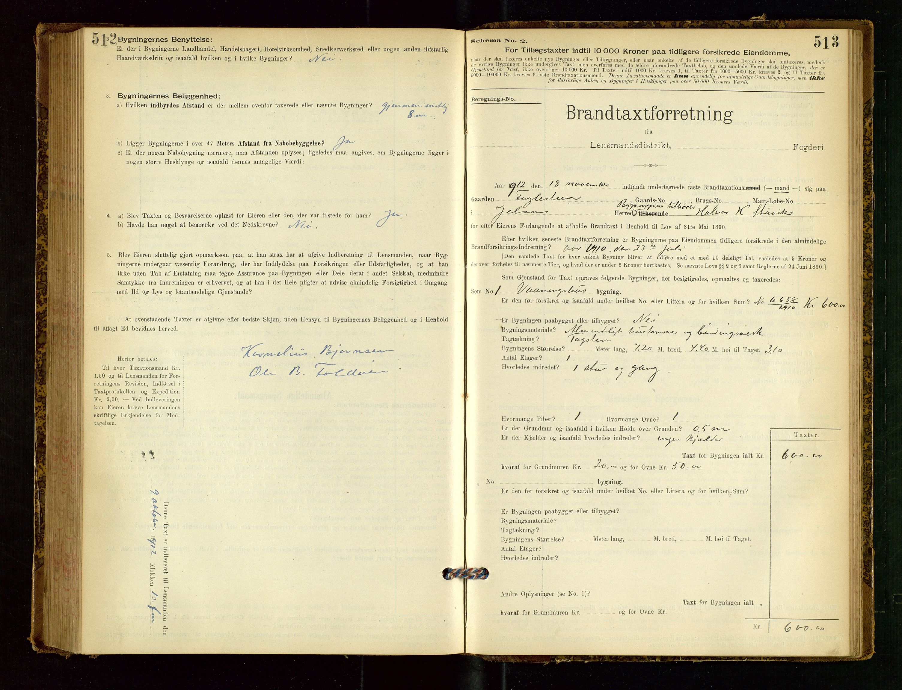 Jelsa lensmannskontor, SAST/A-100360/Gob/L0001: "Brandtaxationsprotocol", 1895-1918, p. 512-513