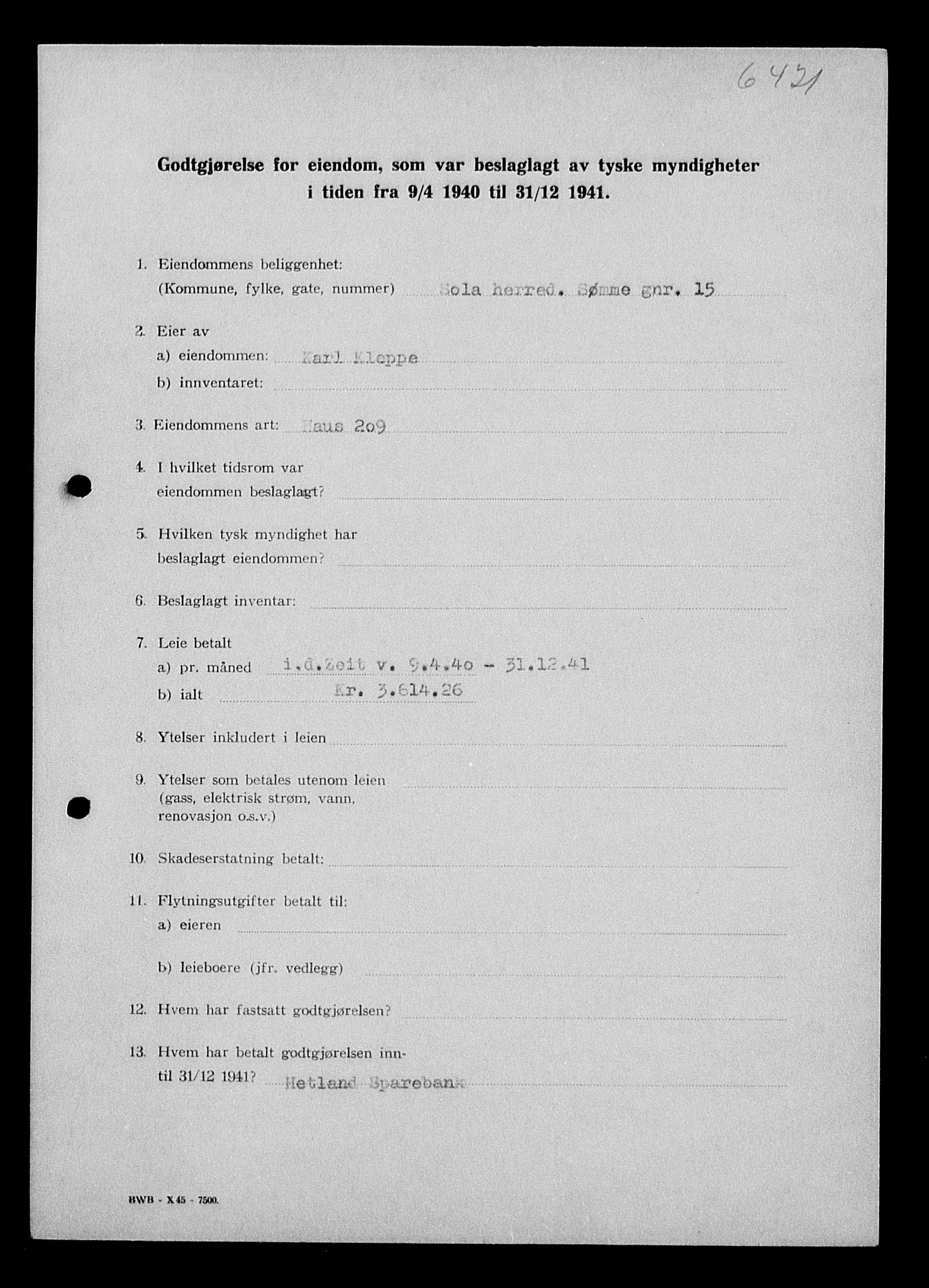 Justisdepartementet, Tilbakeføringskontoret for inndratte formuer, AV/RA-S-1564/I/L1014: Godtgjørelse for beslaglagt eiendom, 1940-1941, p. 416
