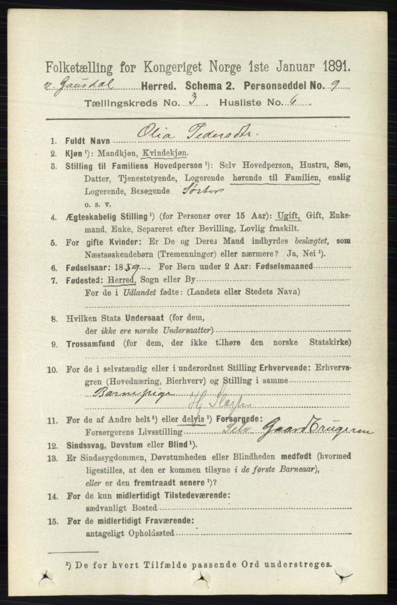 RA, 1891 census for 0523 Vestre Gausdal, 1891, p. 1280
