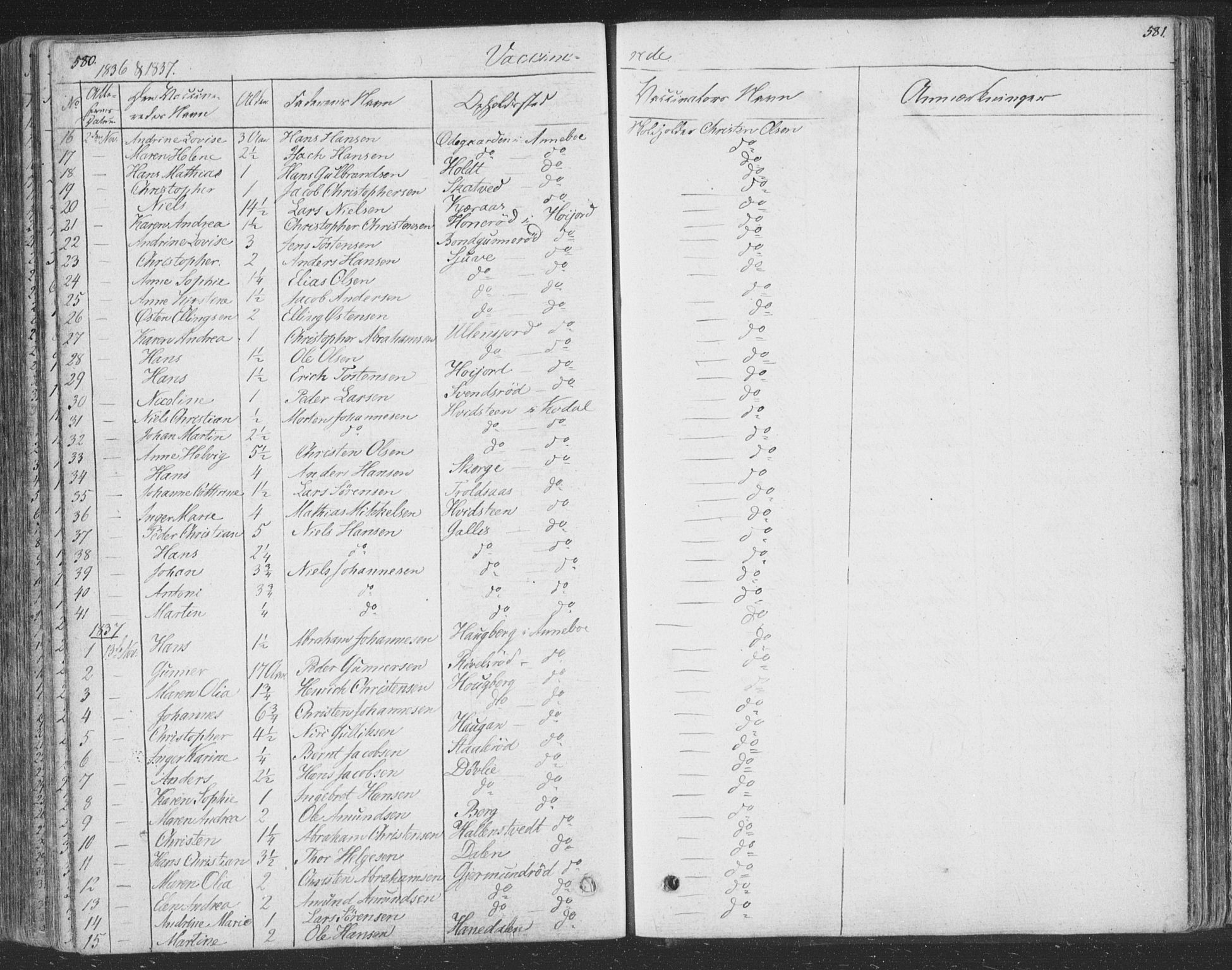 Andebu kirkebøker, AV/SAKO-A-336/F/Fa/L0004: Parish register (official) no. 4, 1829-1856, p. 580-581