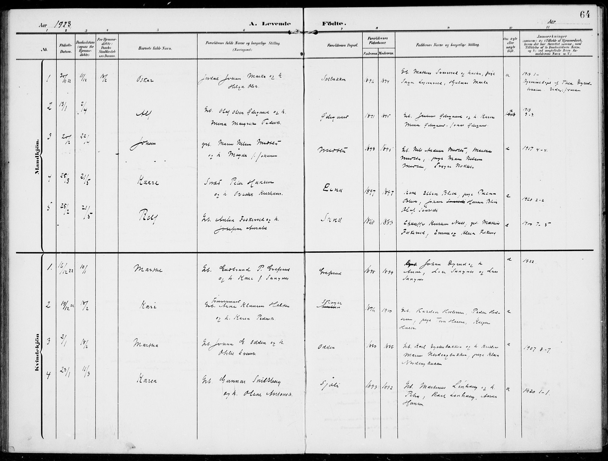 Kolbu prestekontor, SAH/PREST-110/H/Ha/Haa/L0001: Parish register (official) no. 1, 1907-1923, p. 64
