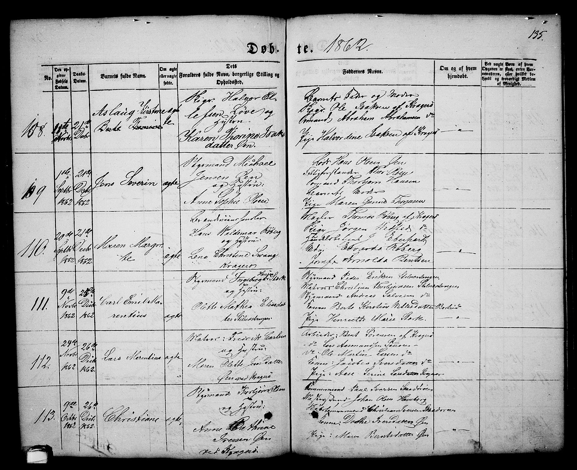 Kragerø kirkebøker, AV/SAKO-A-278/G/Ga/L0004: Parish register (copy) no. 4, 1853-1865, p. 135
