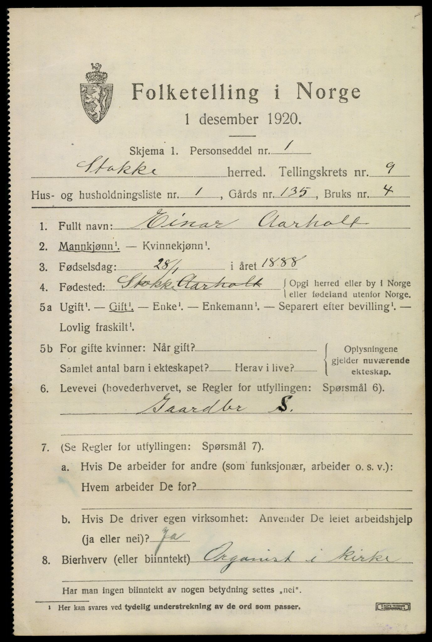 SAKO, 1920 census for Stokke, 1920, p. 10486