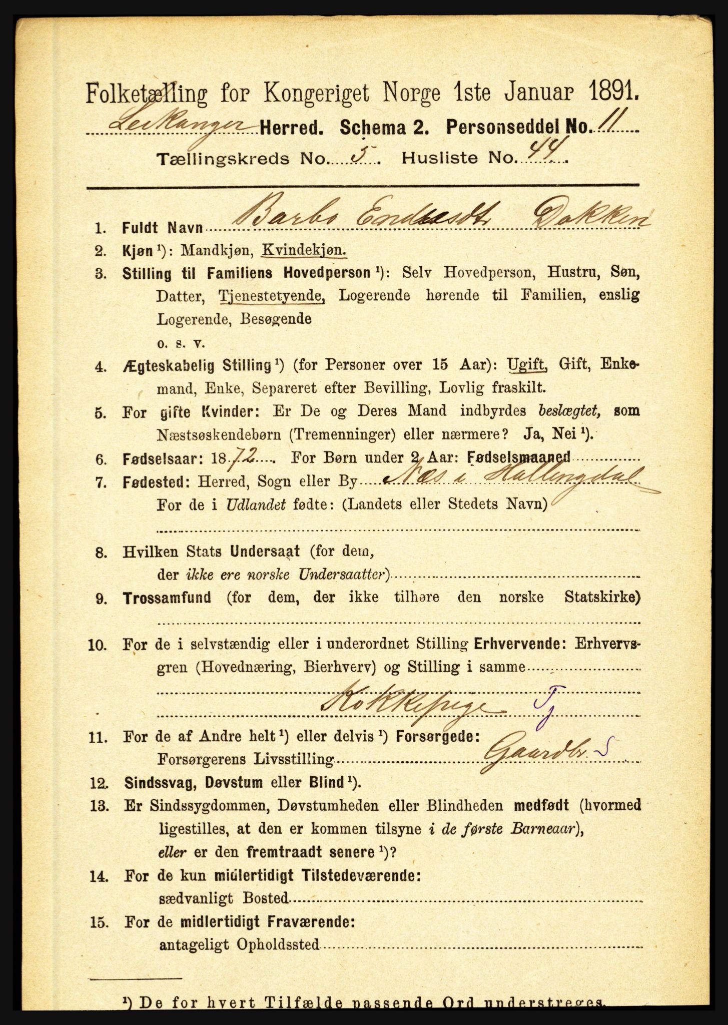 RA, 1891 census for 1419 Leikanger, 1891, p. 1081