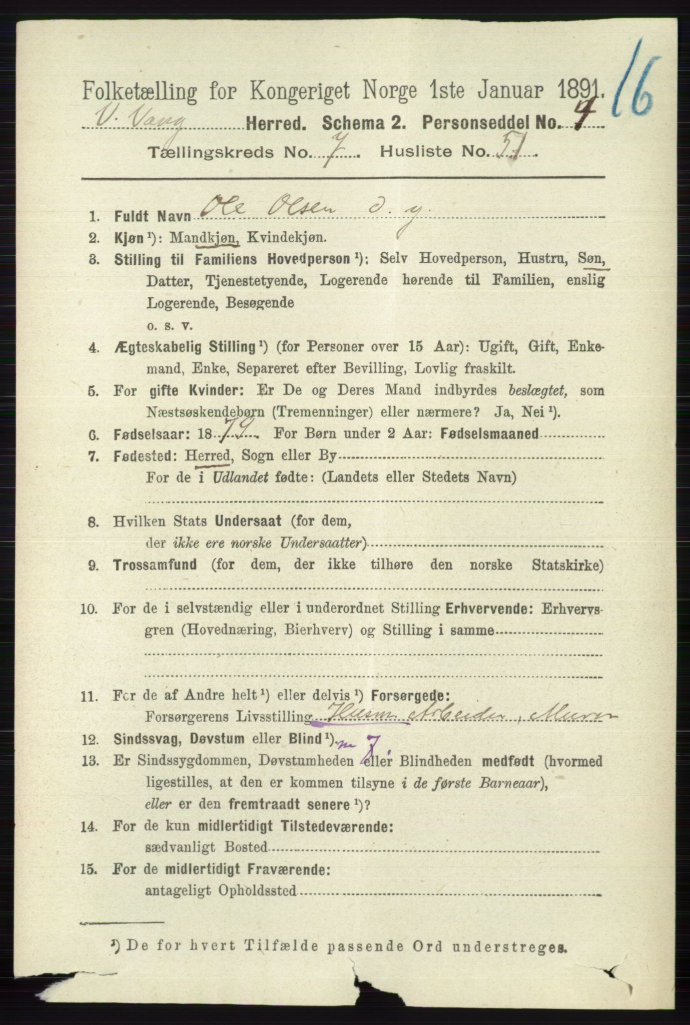 RA, 1891 census for 0545 Vang, 1891, p. 1725