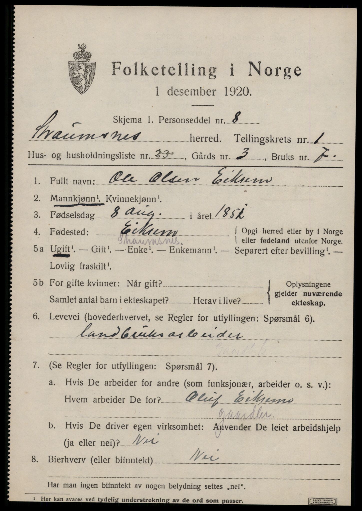 SAT, 1920 census for Straumsnes, 1920, p. 729