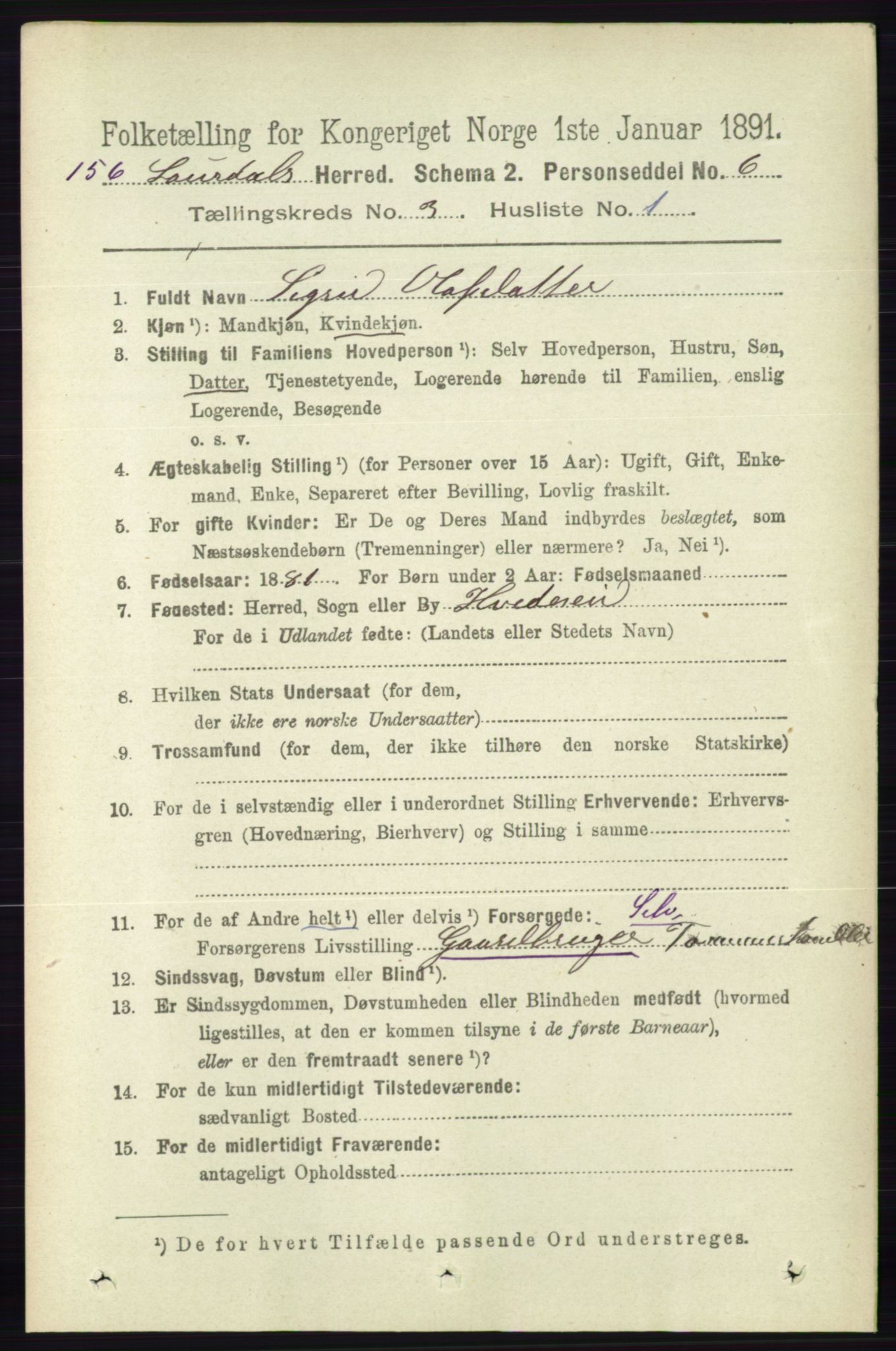 RA, 1891 census for 0833 Lårdal, 1891, p. 803