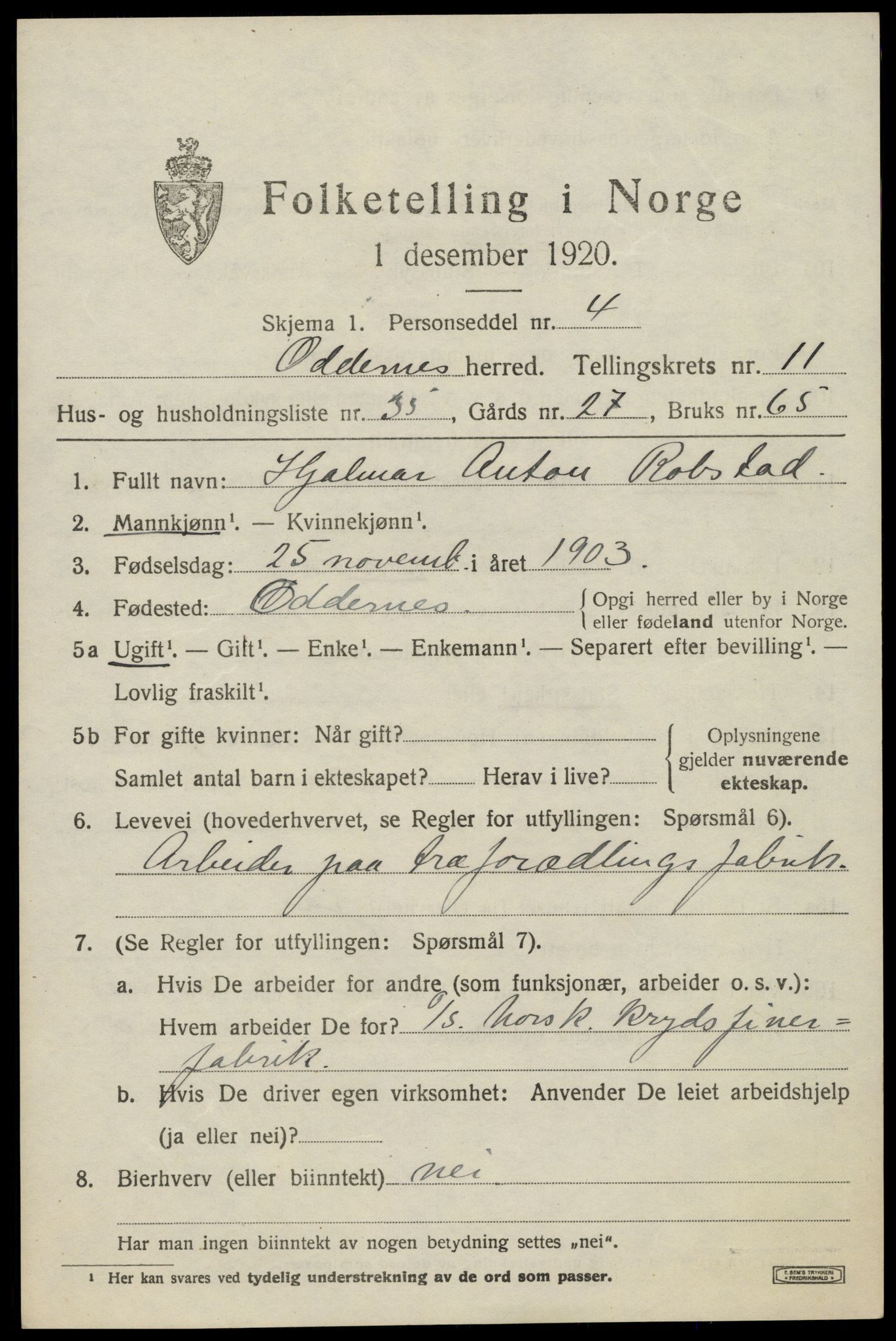 SAK, 1920 census for Oddernes, 1920, p. 7435