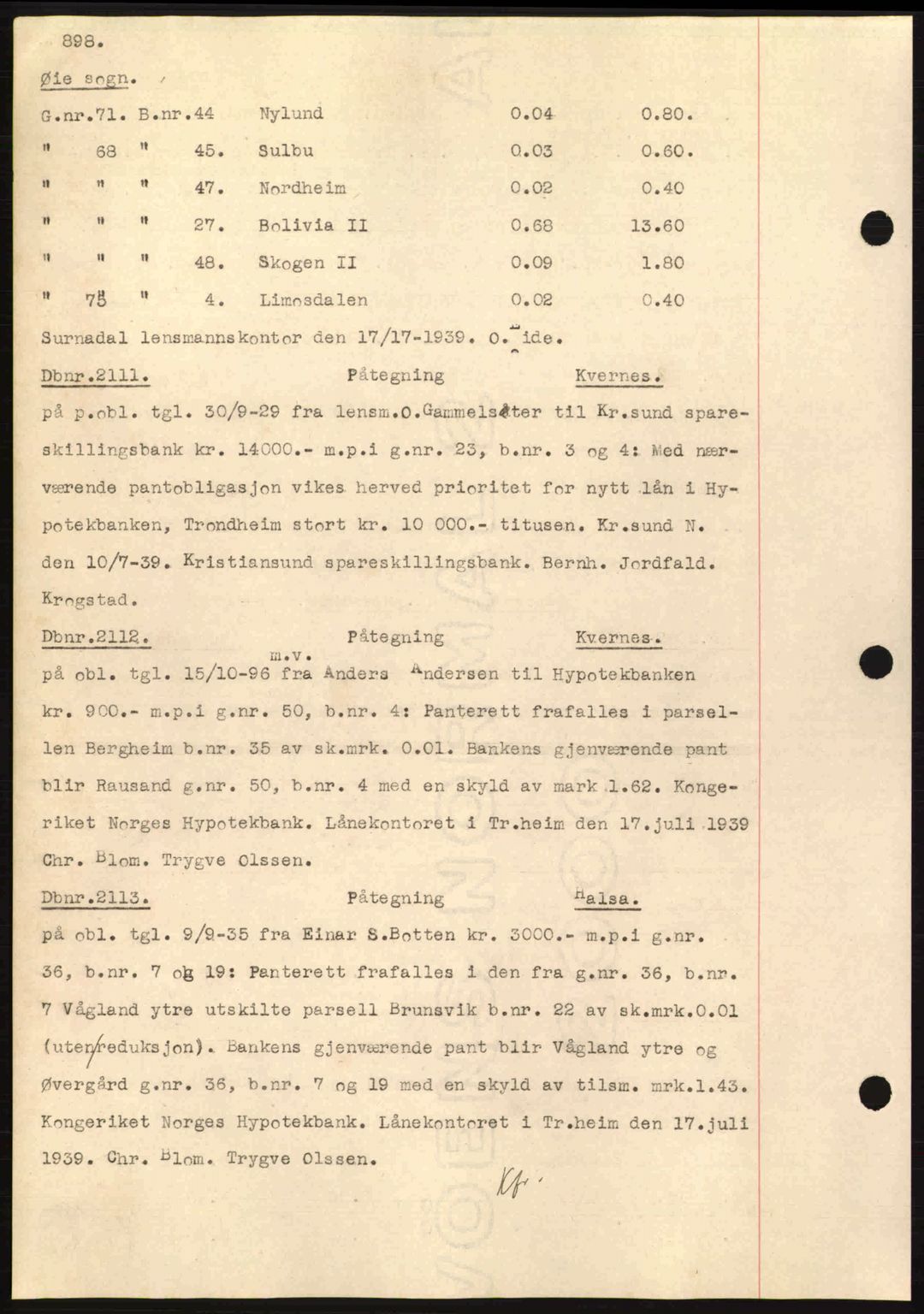 Nordmøre sorenskriveri, AV/SAT-A-4132/1/2/2Ca: Mortgage book no. C80, 1936-1939, Diary no: : 2111/1939