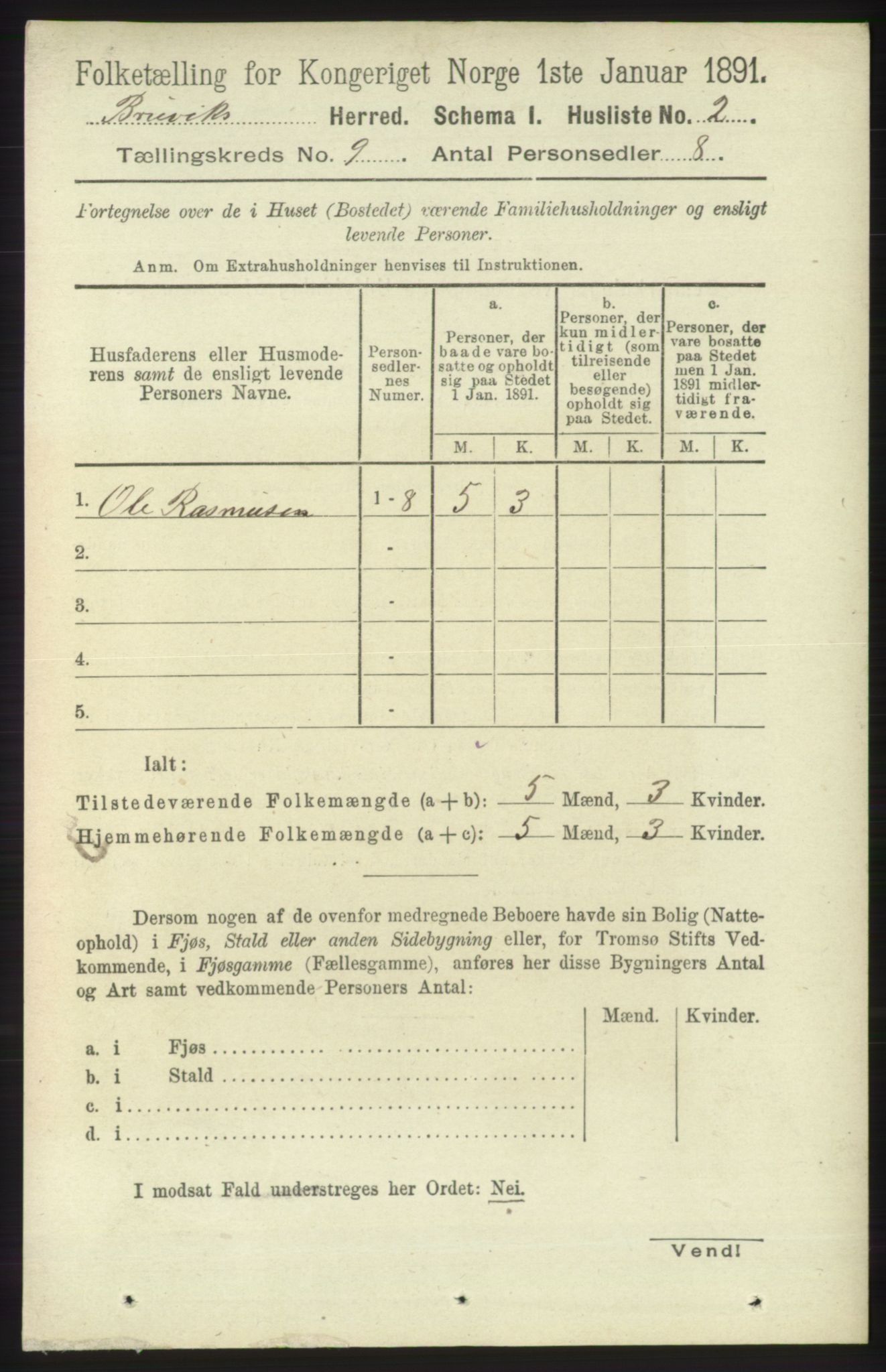 RA, 1891 census for 1251 Bruvik, 1891, p. 3212